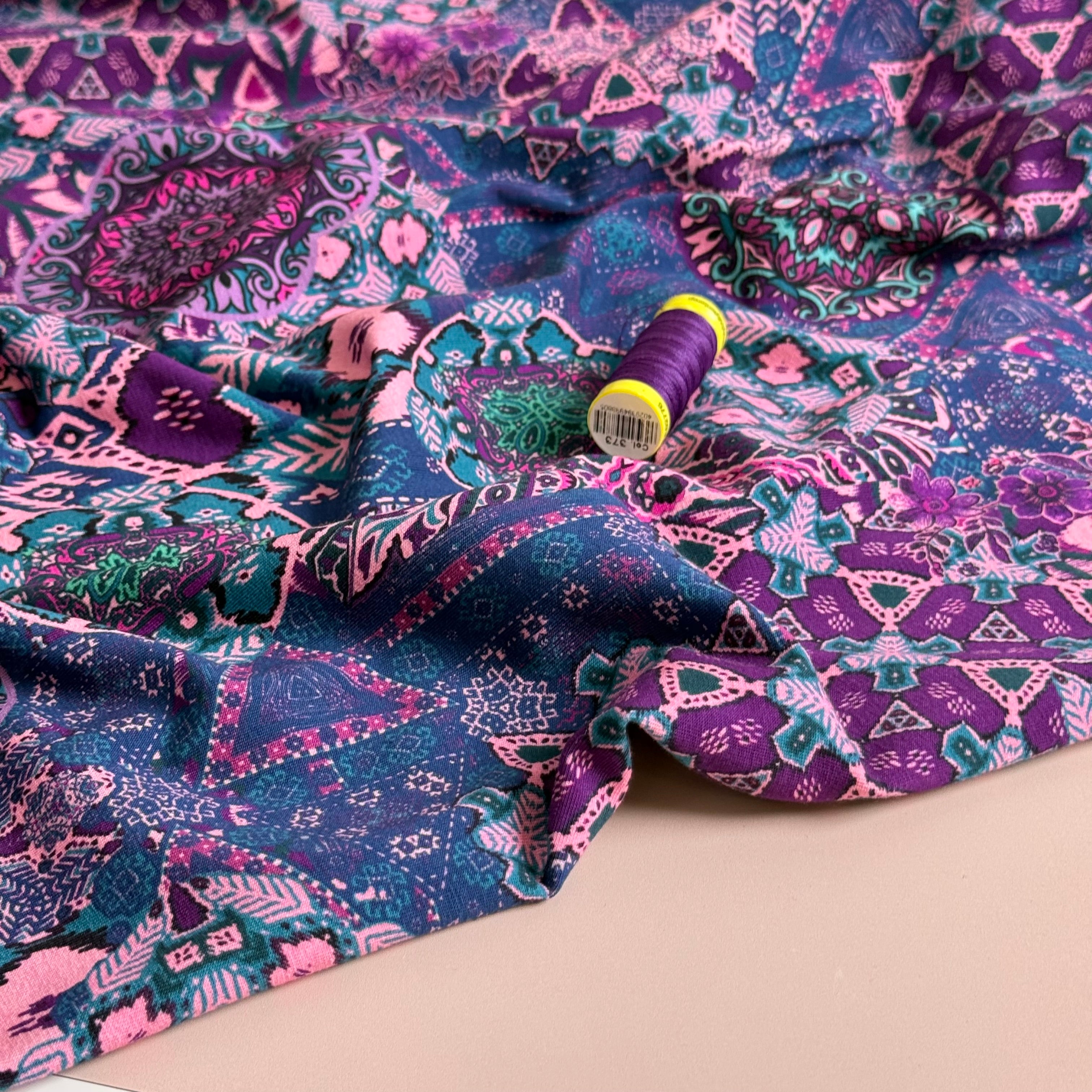 Ornamental Deco Purple Cotton Jersey Fabric