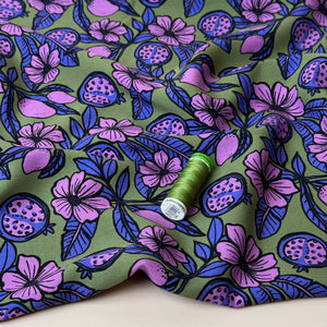 Pomegranates on Olive Green Viscose Fabric