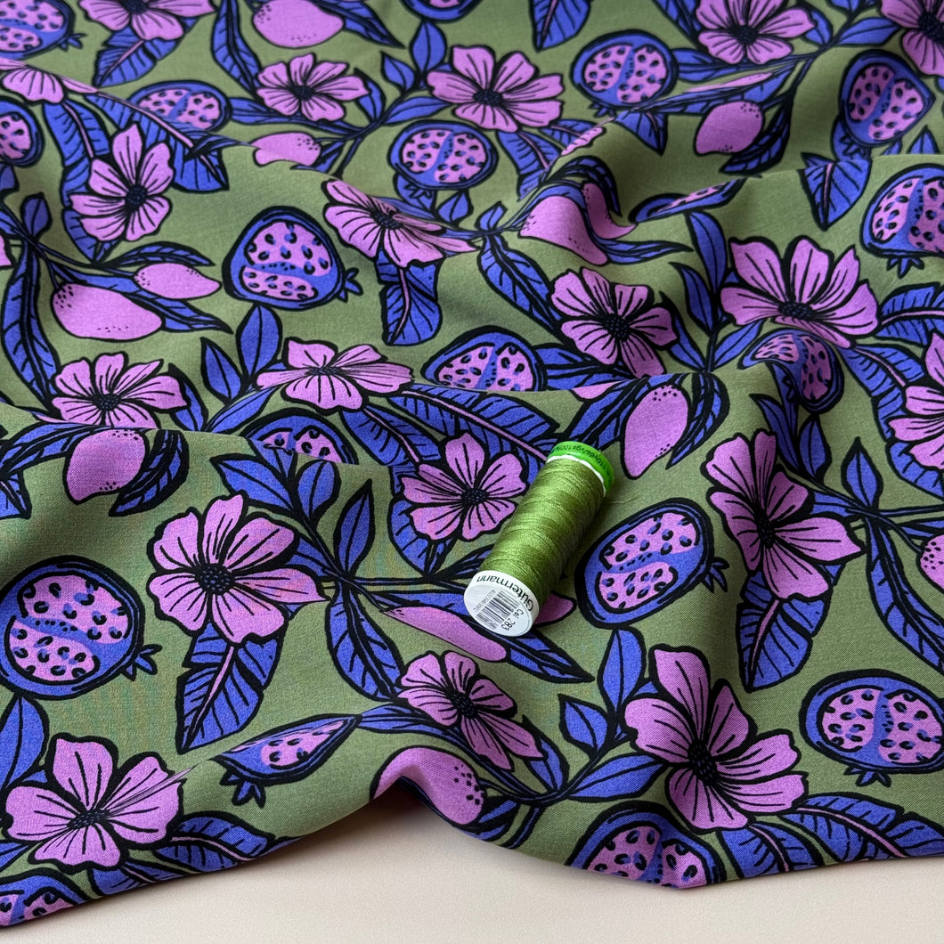 Pomegranates on Olive Green Viscose Fabric