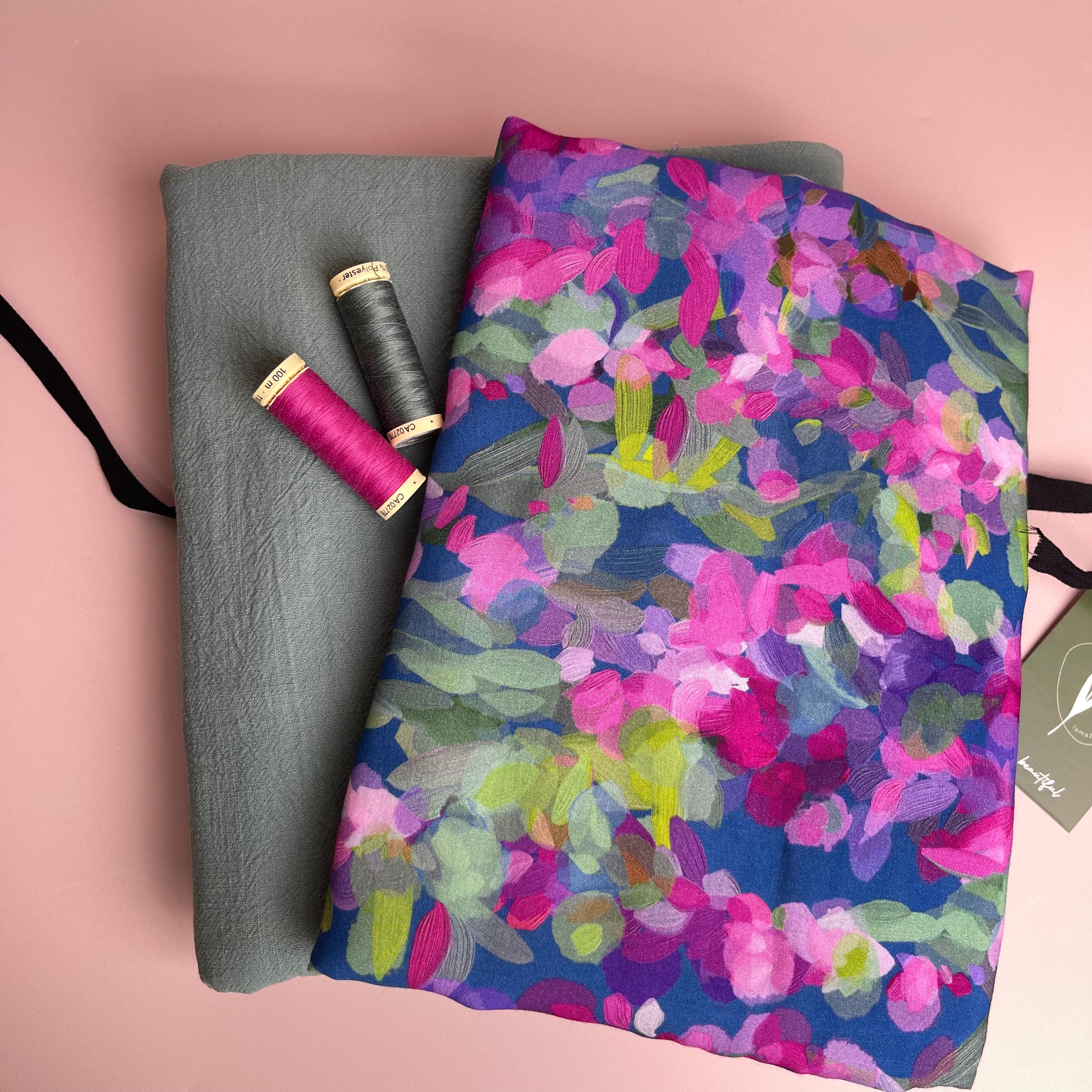 Make an Outfit - Lupine Petals Blue Viscose with Sage Green Washed Cotton Bundle