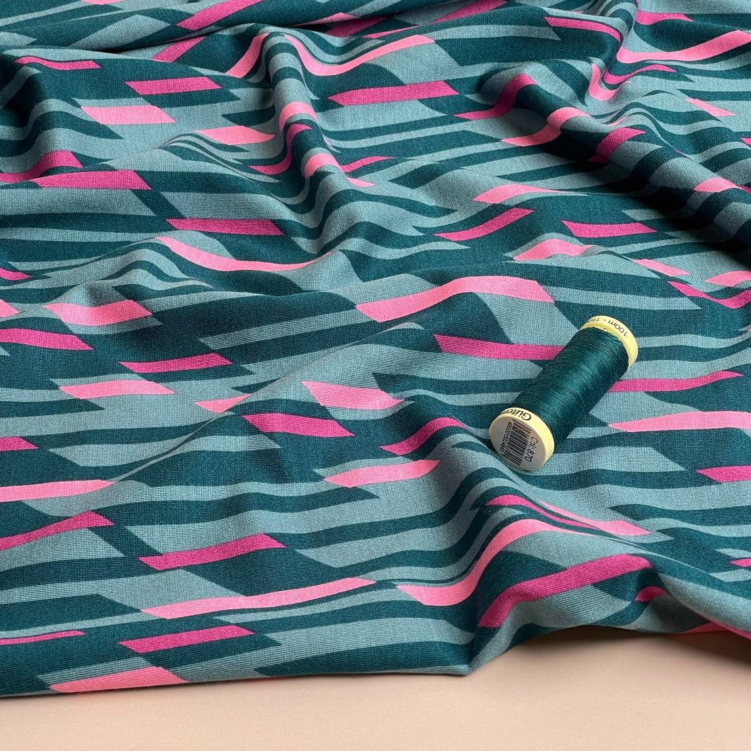 REMNANT 0.8 Metre - Abstract Lines Dark Mint Viscose Ponte Roma Double Knit Fabric