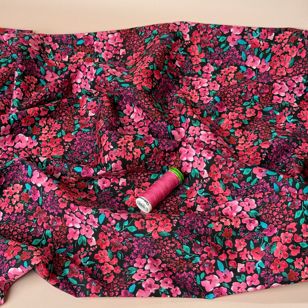 Small Watercolour Flowers on Black Fine Cotton Poplin