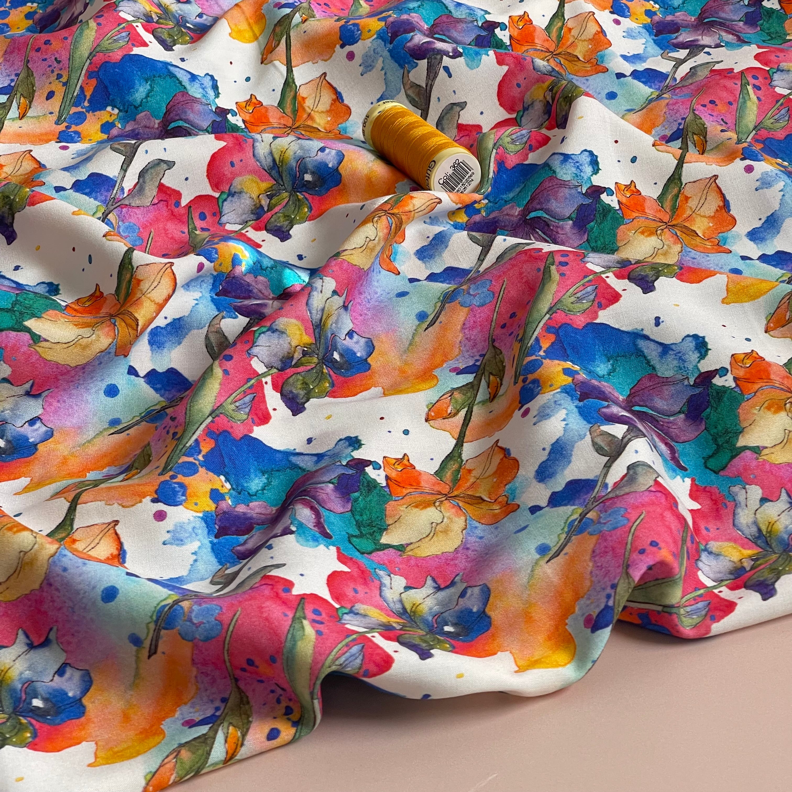 Watercolour Flowers Viscose Poplin Fabric