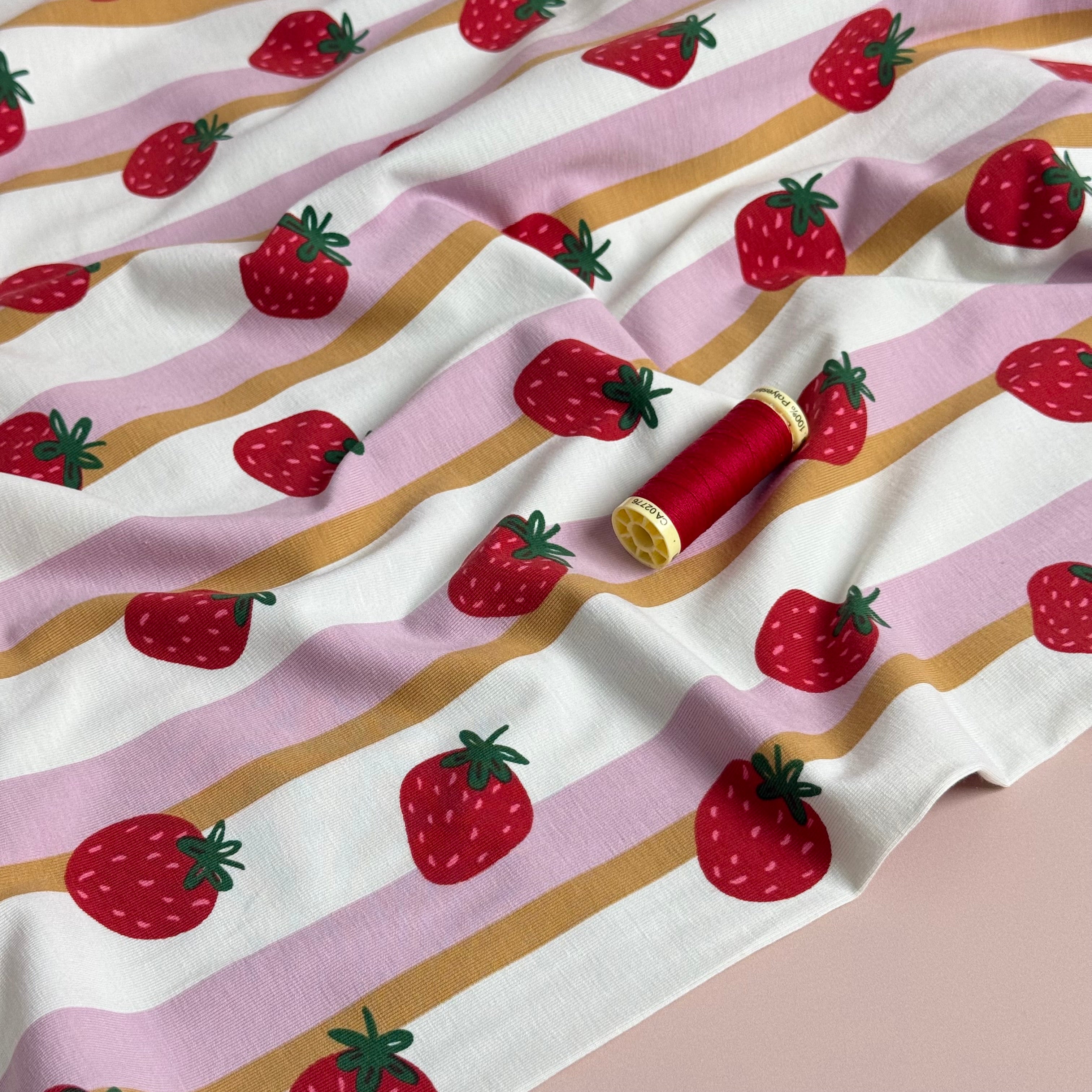 Strawberries in Lanes Pink Cotton Jersey Fabric