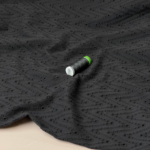 Embroidered Zig-Zags on Black Cotton Broderie Anglaise Fabric