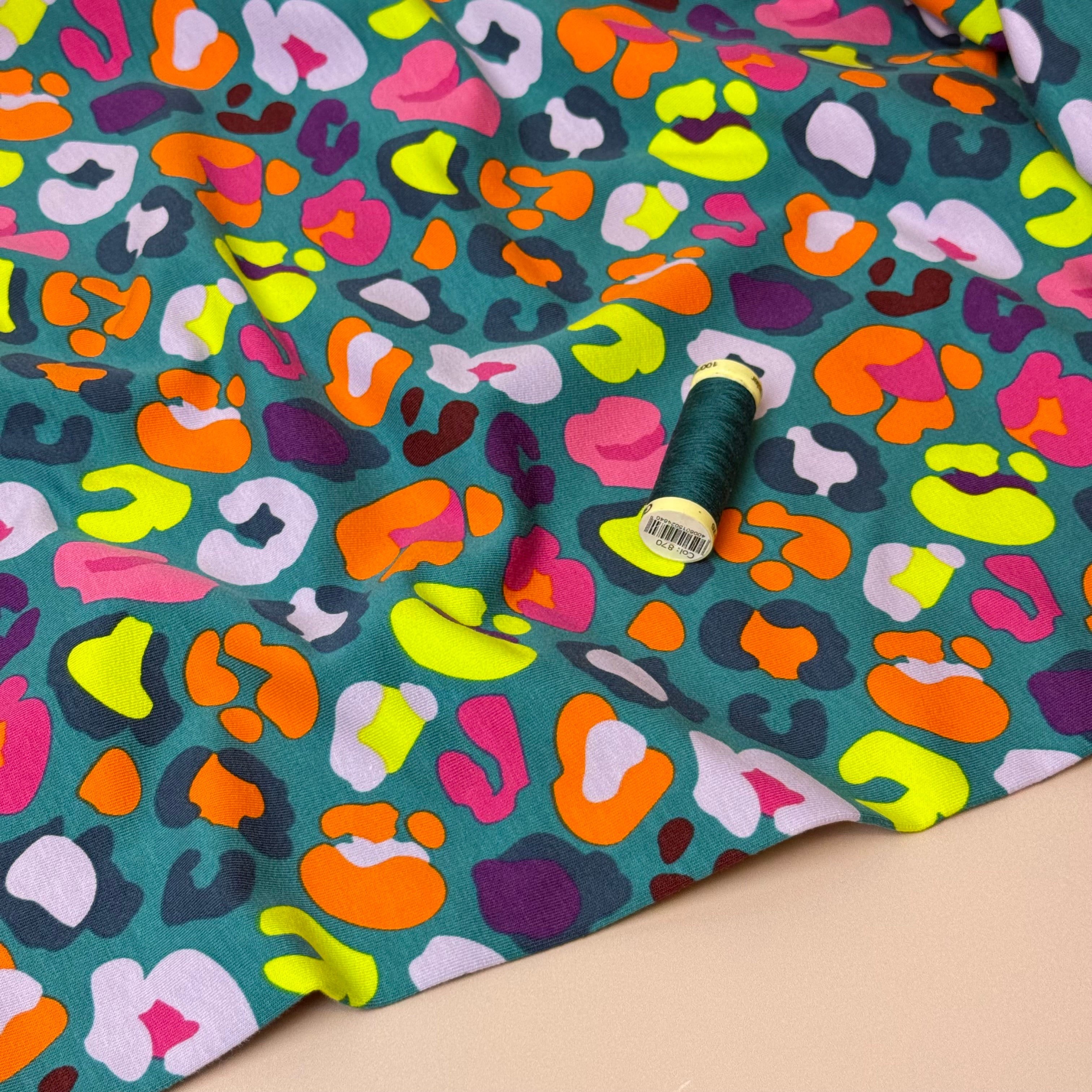 Rainbow Leopard on Teal Cotton French Terry