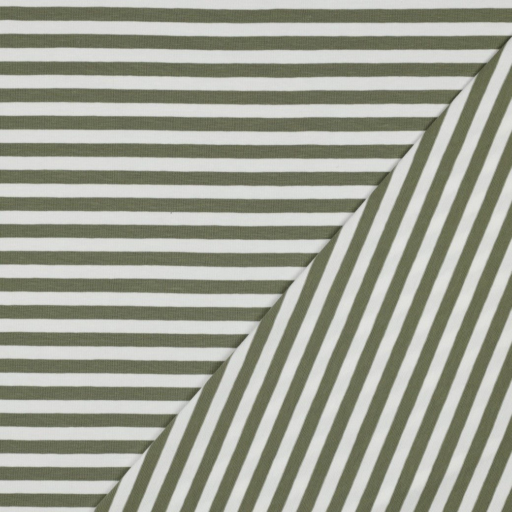 Yarn Dyed Olive Green Breton Stripe Cotton Jersey Fabric