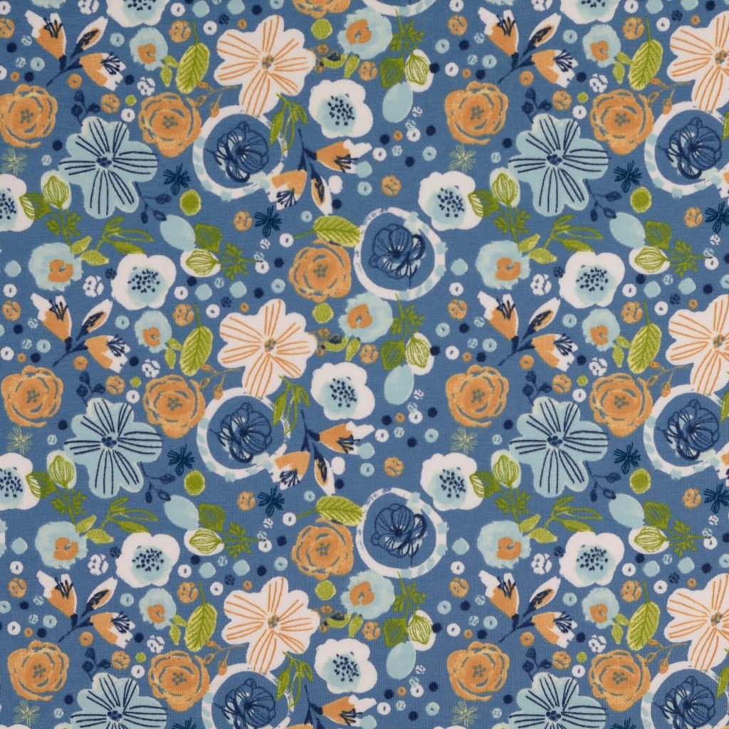 REMNANT 1.26 Metres - Floral Sketch Peach Soft Cotton Sweat-shirting Fabric in Blue