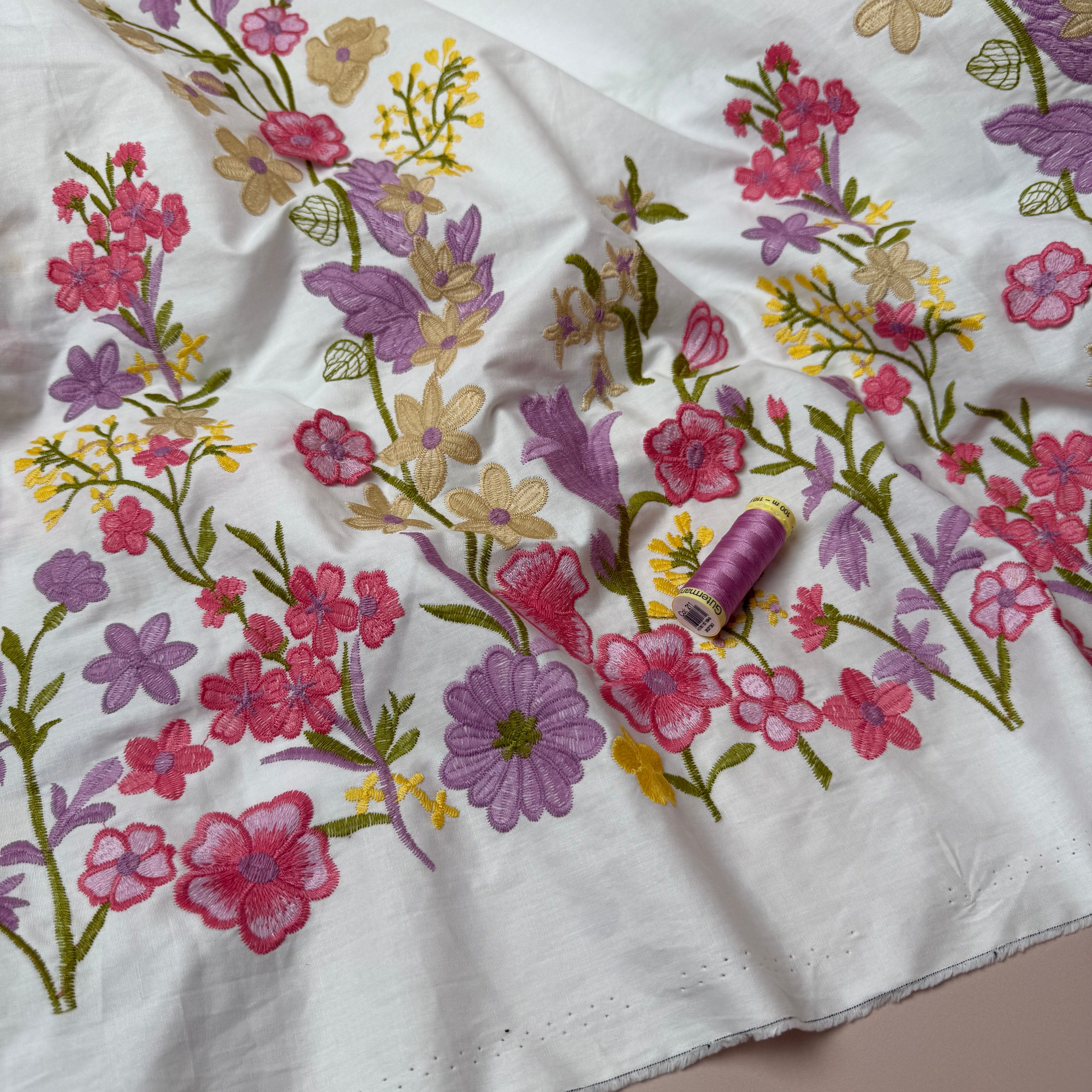 Pink Floral Border Embroidered Cotton Fabric