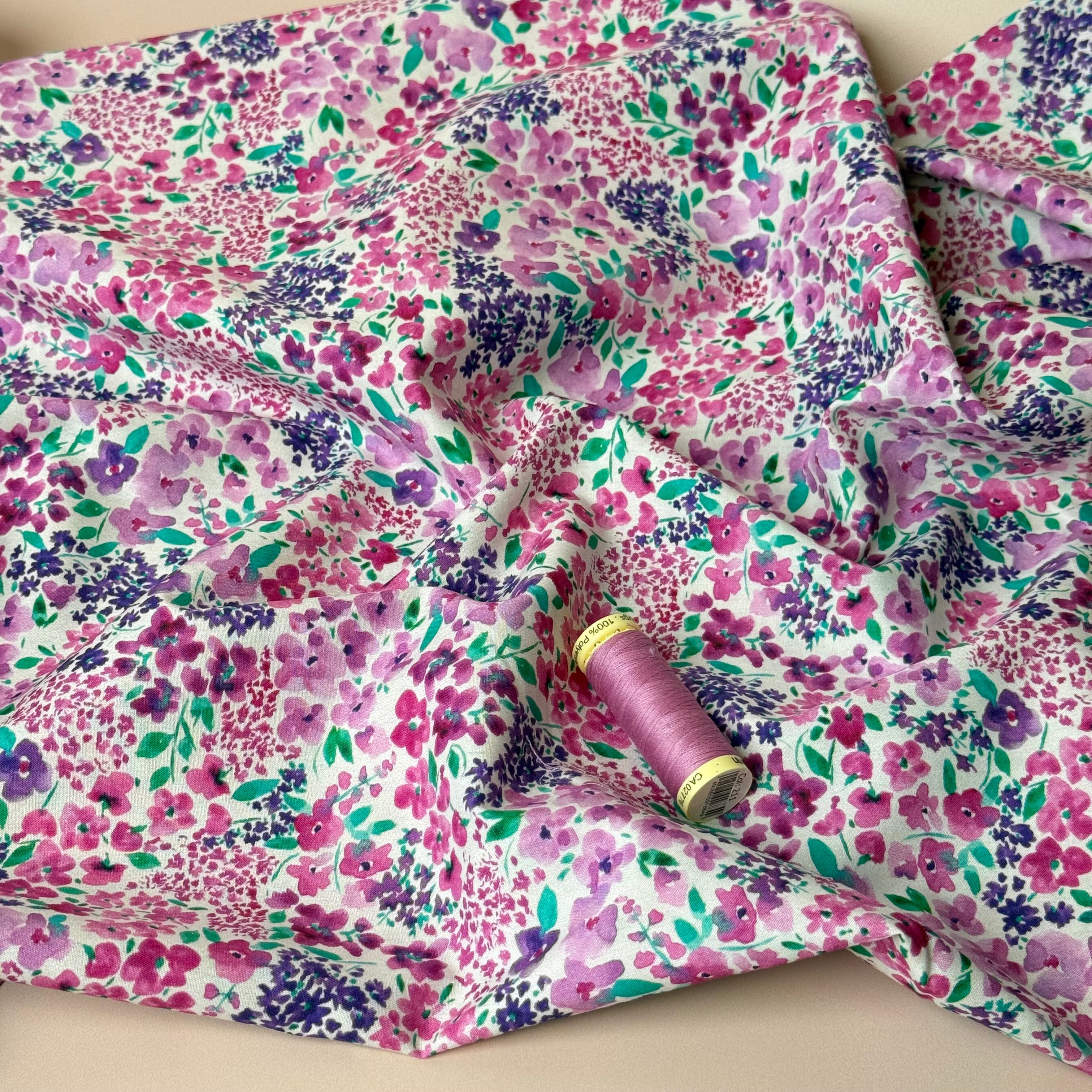 Small Watercolour Flowers on White Fine Cotton Poplin