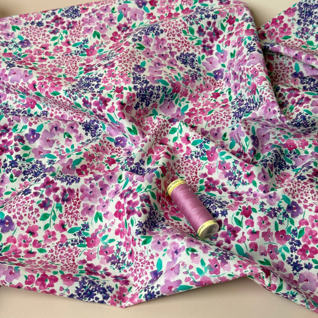 Small Watercolour Flowers on White Fine Cotton Poplin