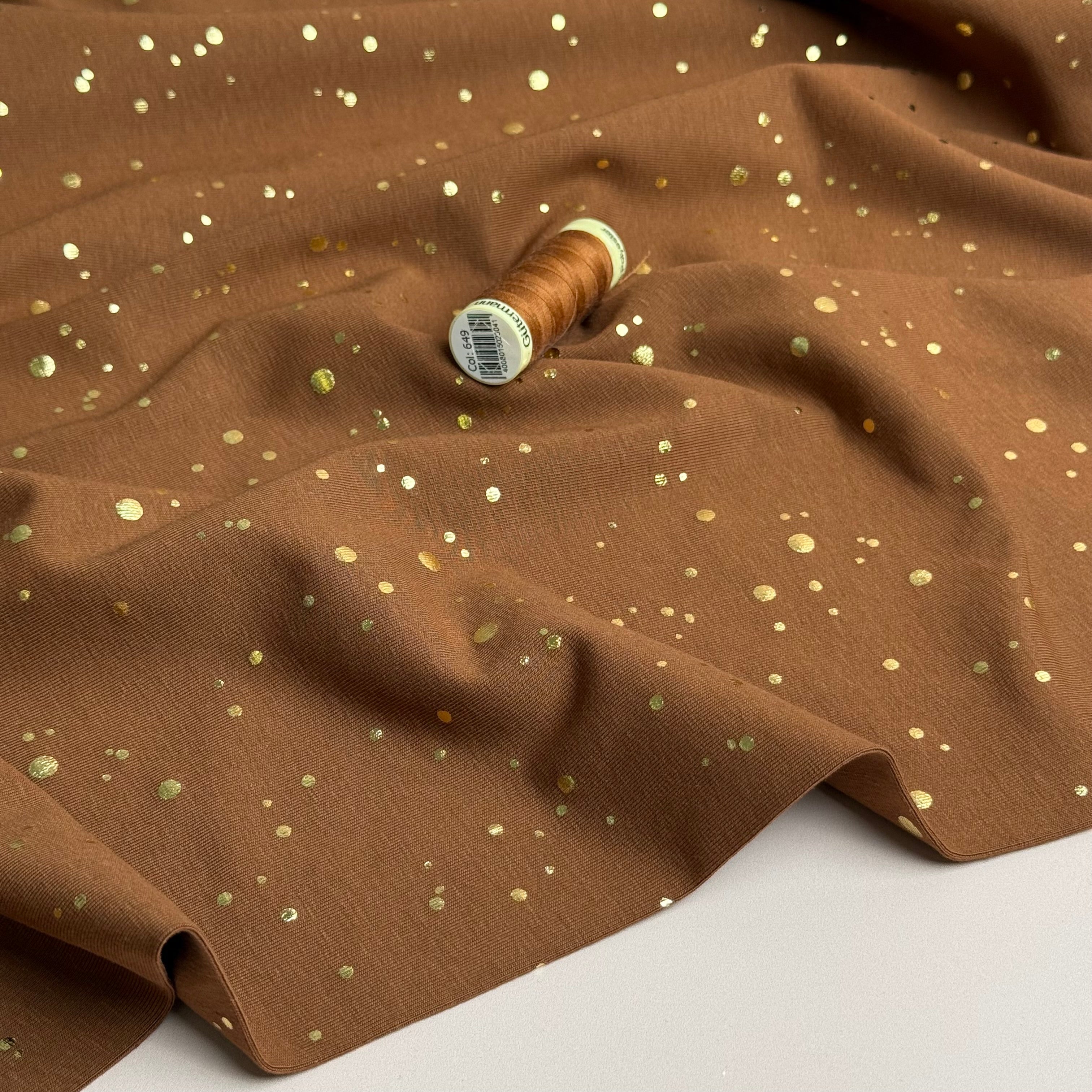 Gold Confetti on Brown Cotton Jersey Fabric