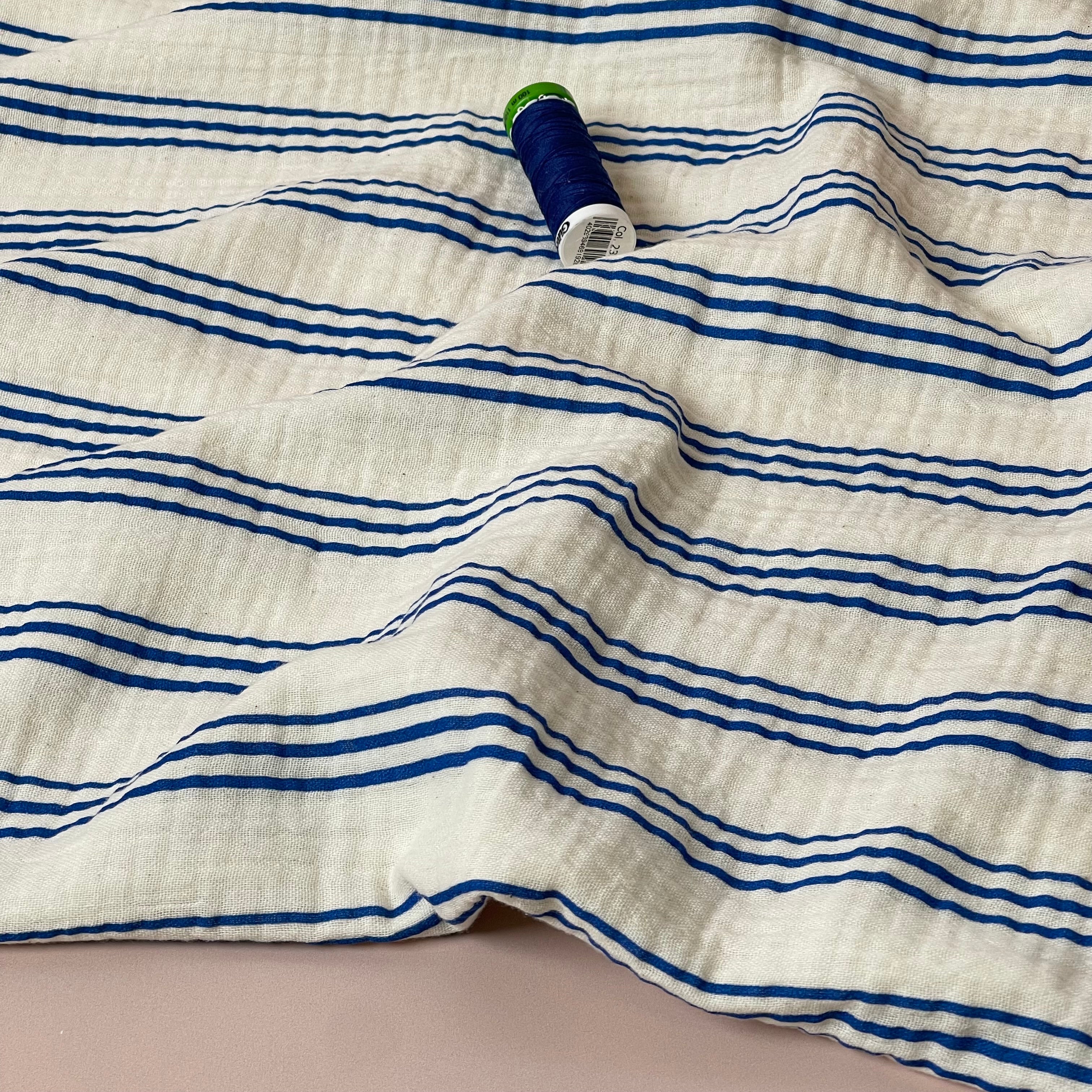 Yarn Dyed Cobalt Stripes GOTS Organic Cotton Double Gauze