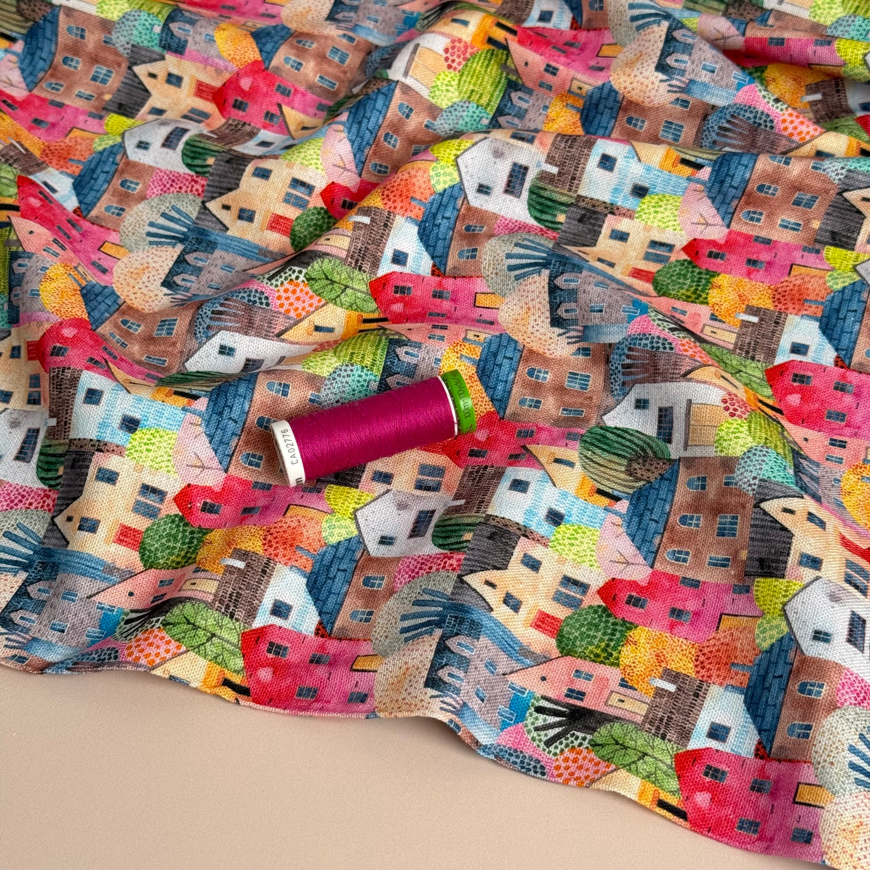 REMNANT 0.63 Metre - Rainbow Houses Viscose Linen Fabric