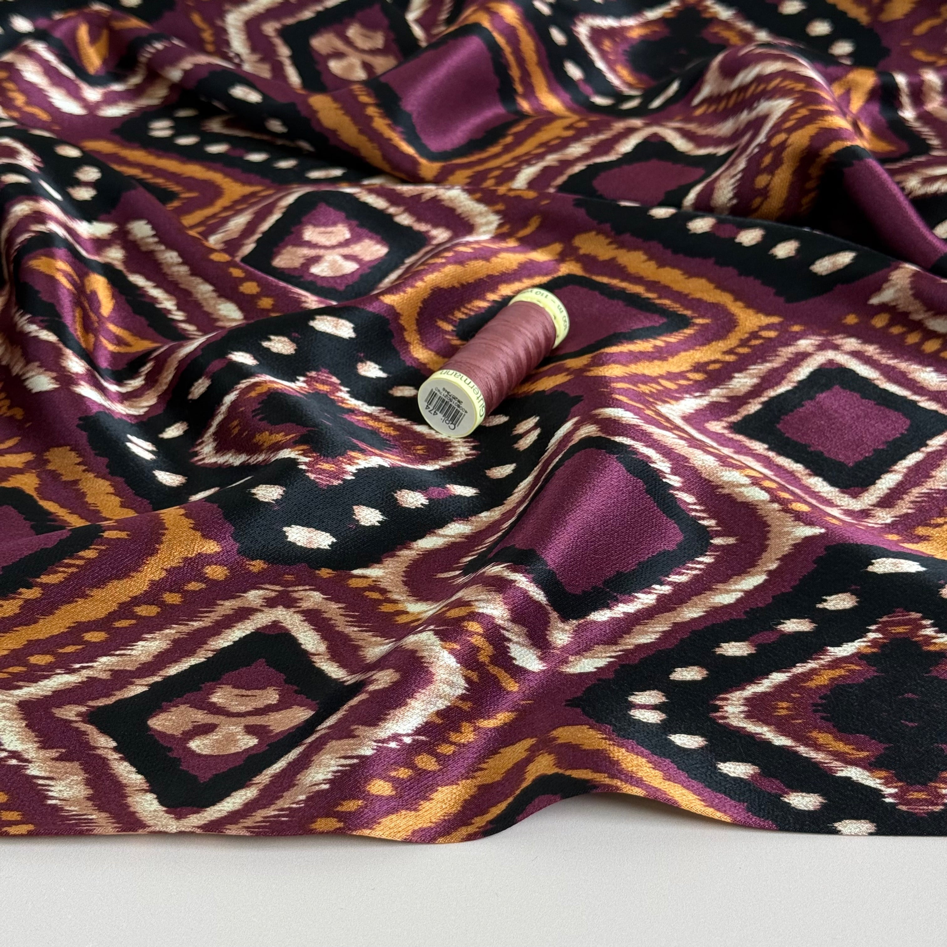 Retro Shapes Wine Spun Viscose Sateen Fabric
