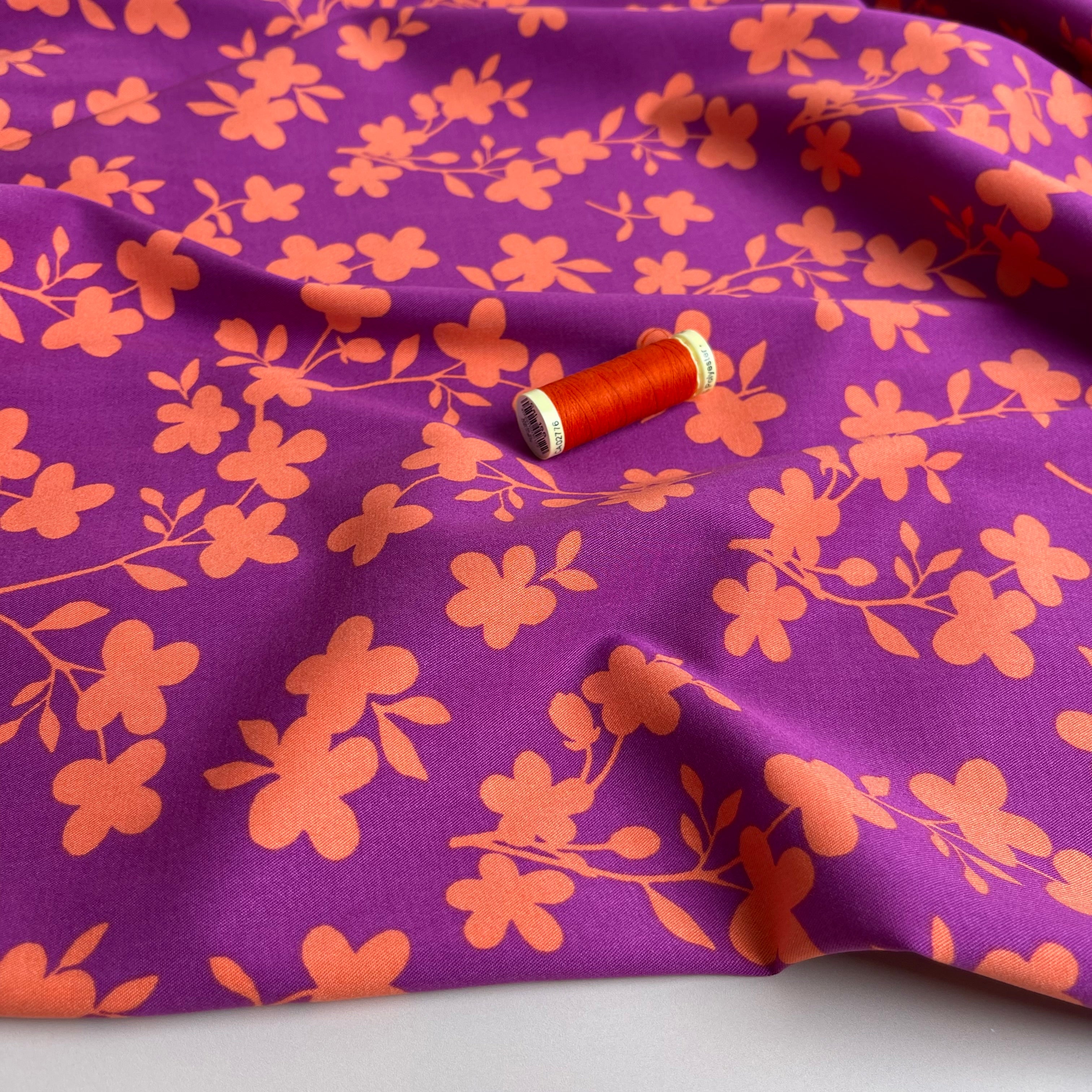 Rosella Shadow Flowers Purple Viscose Twill with Stretch