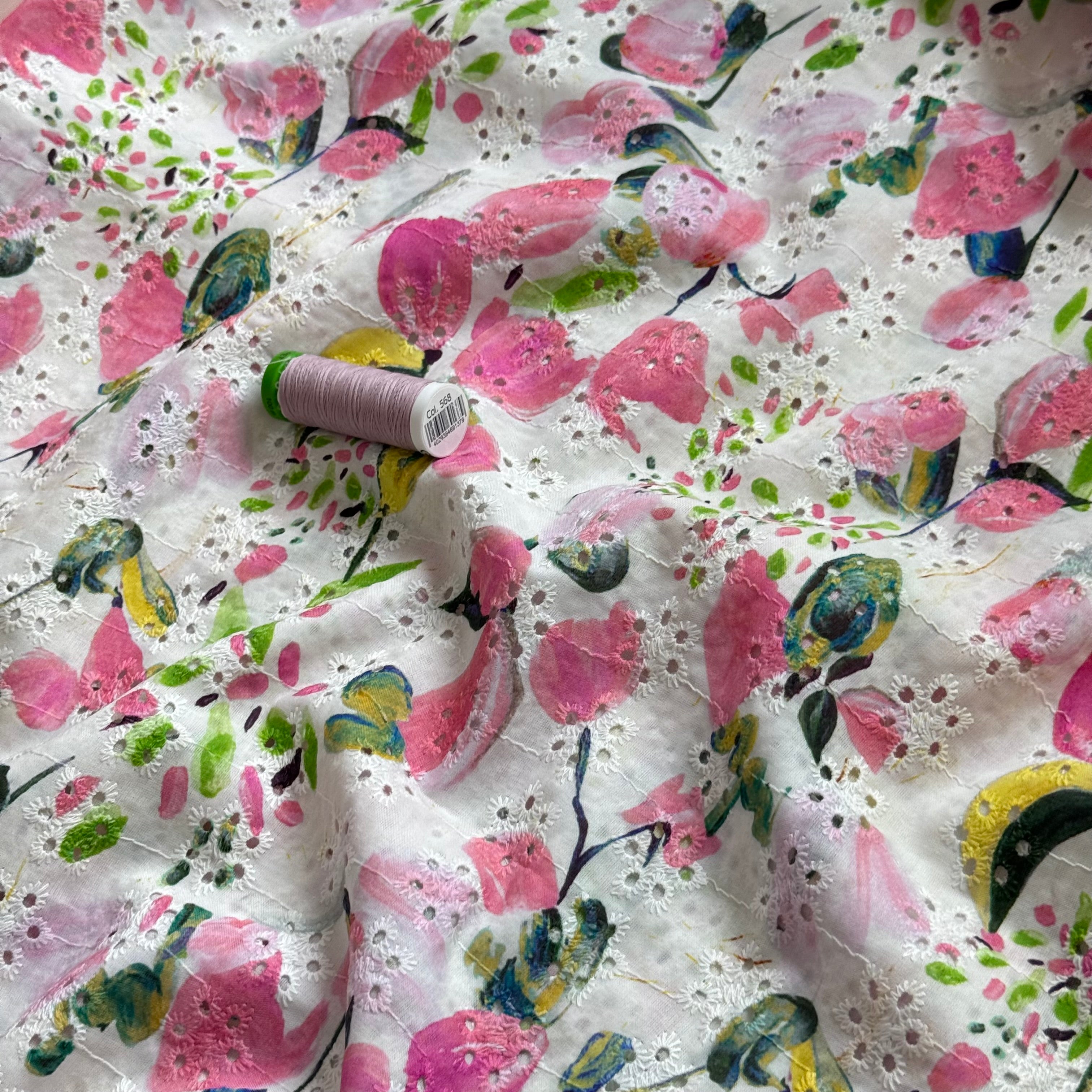 Pink Petals on Embroidered Cotton Voile Fabric
