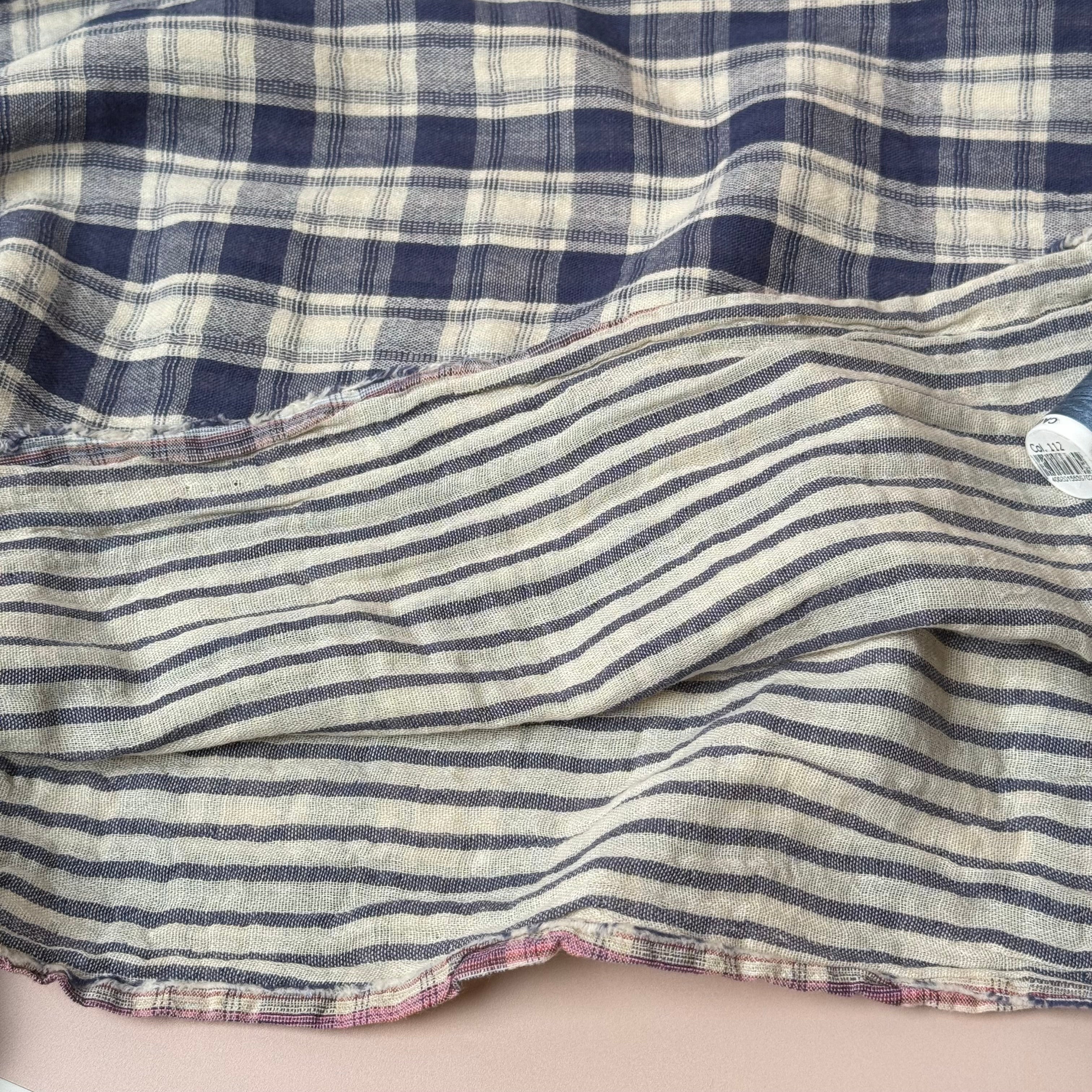 Reversible Blue Checks and Stripes Cotton Double Gauze