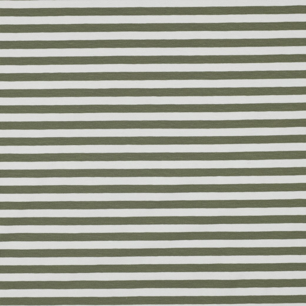 Yarn Dyed Olive Green Breton Stripe Cotton Jersey Fabric