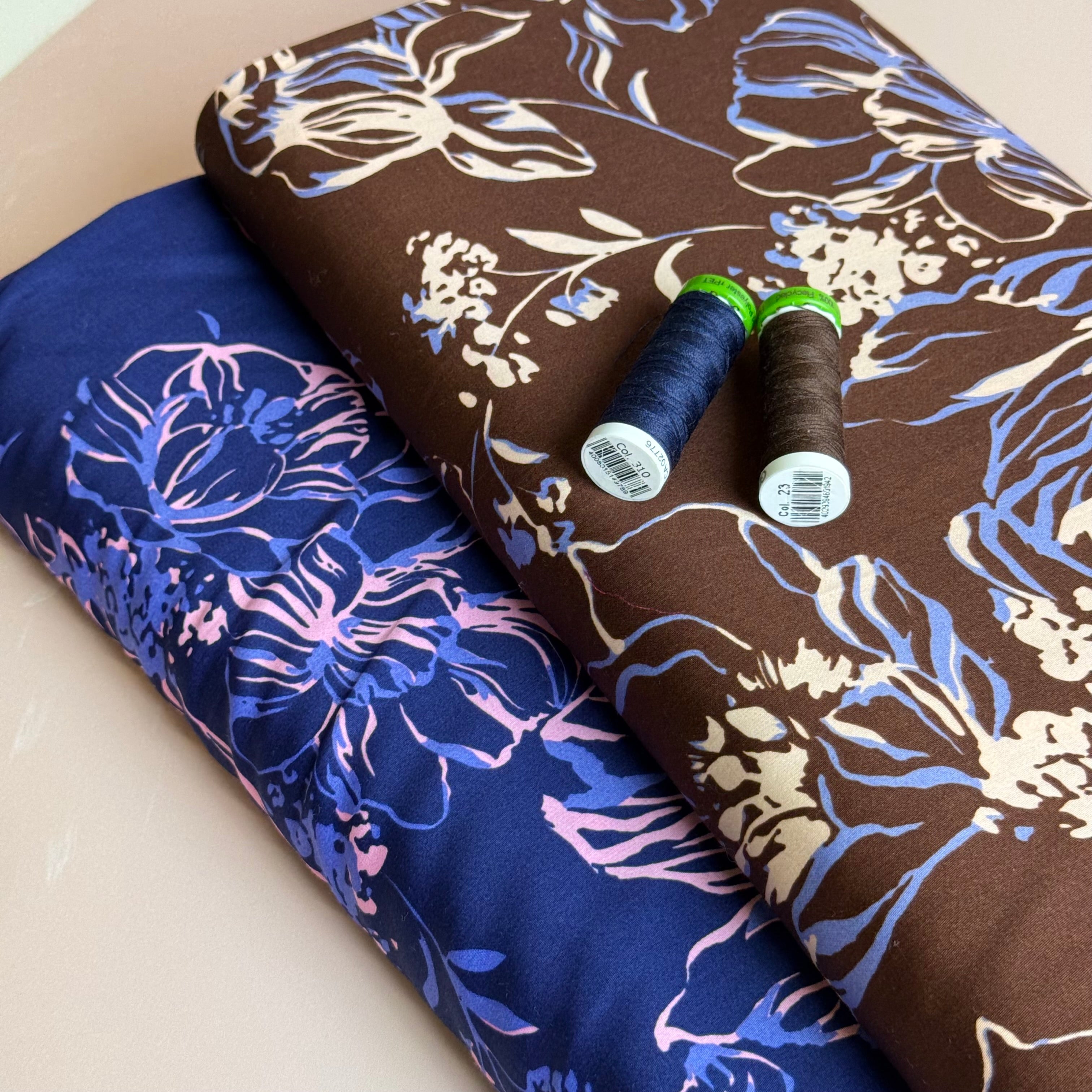 Line Flowers on Brown Cotton Sateen Fabric