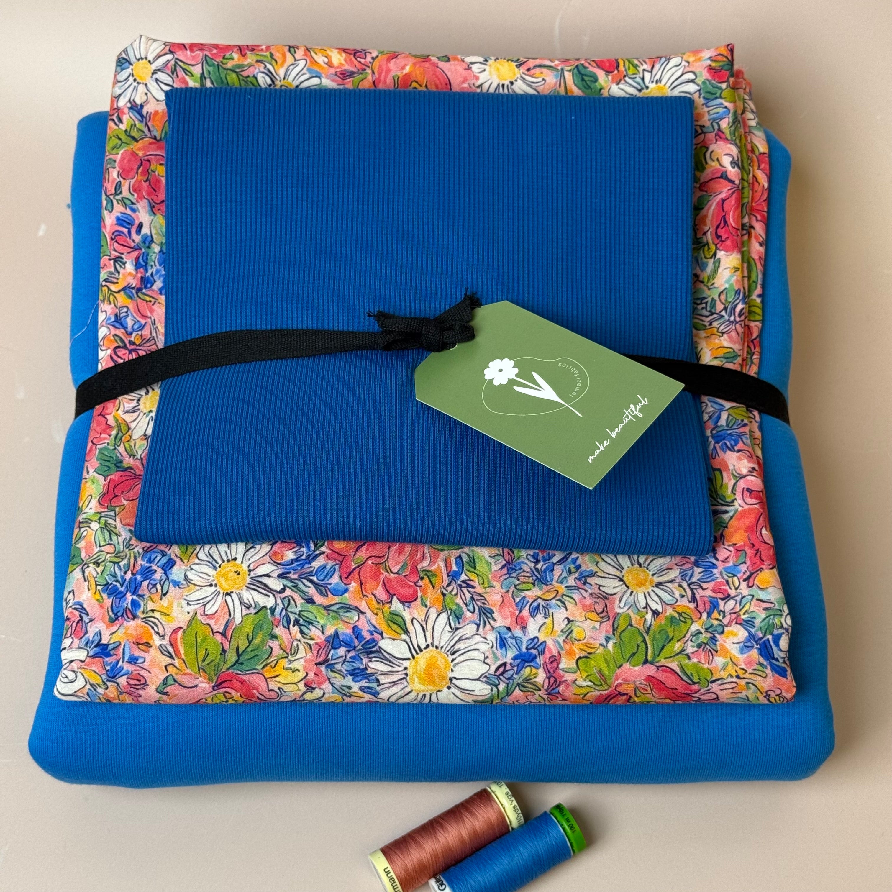 Make an Outfit Colour Bundle - Daisies Viscose & Sweatshirting in Bright Blue with Ribbing