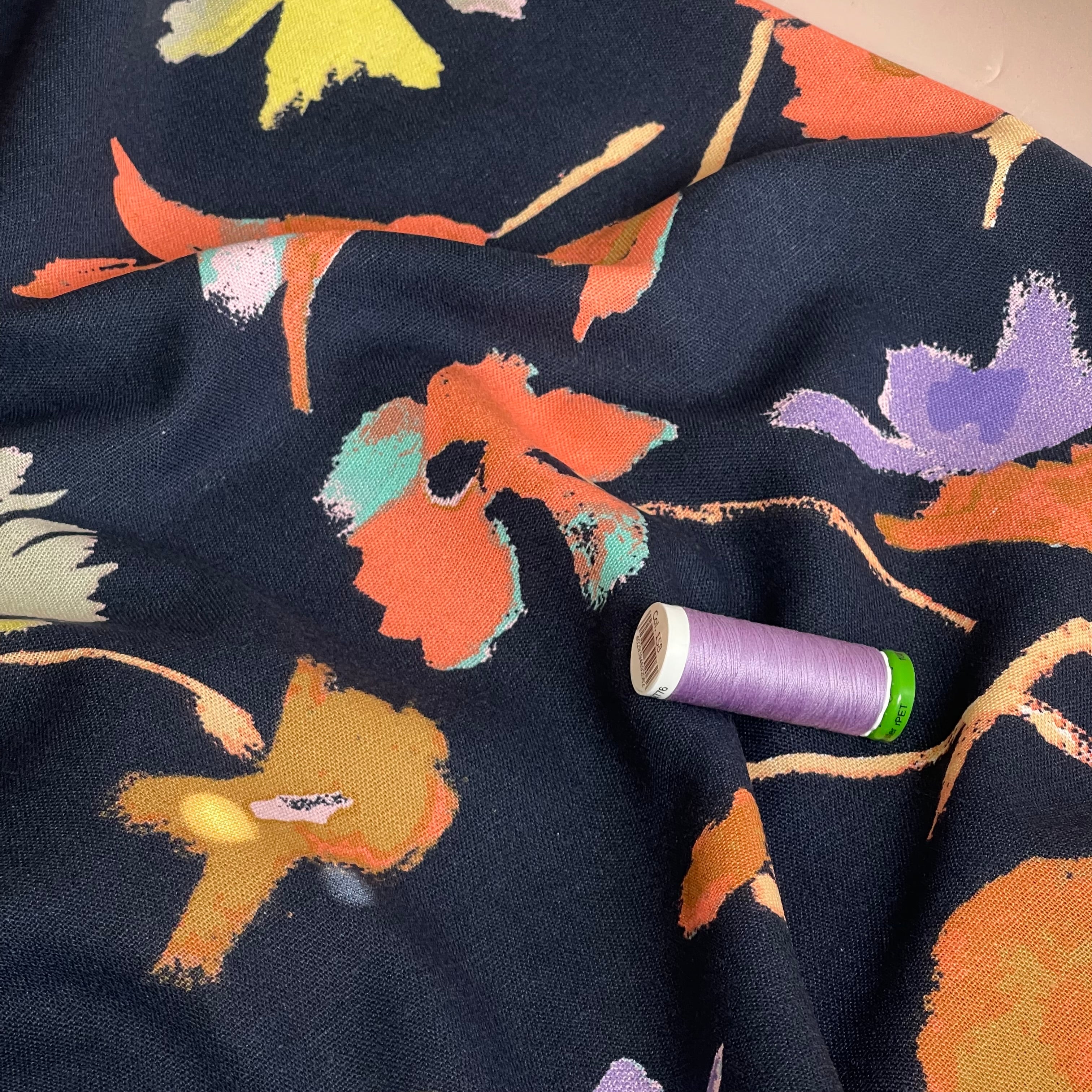 Abstract Blooms on Navy Viscose Linen Fabric