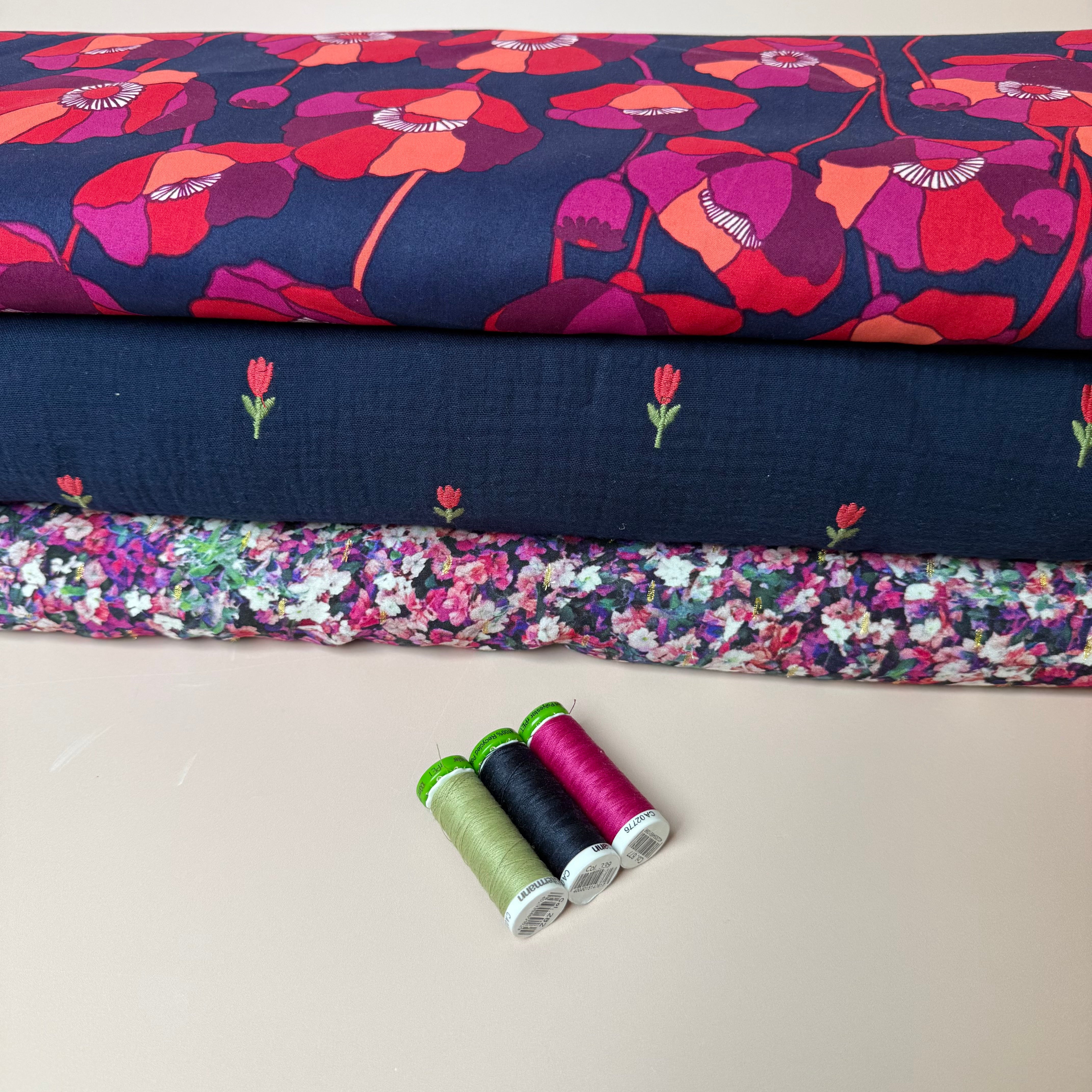 Embroidered Tulips on Navy Cotton Double Gauze