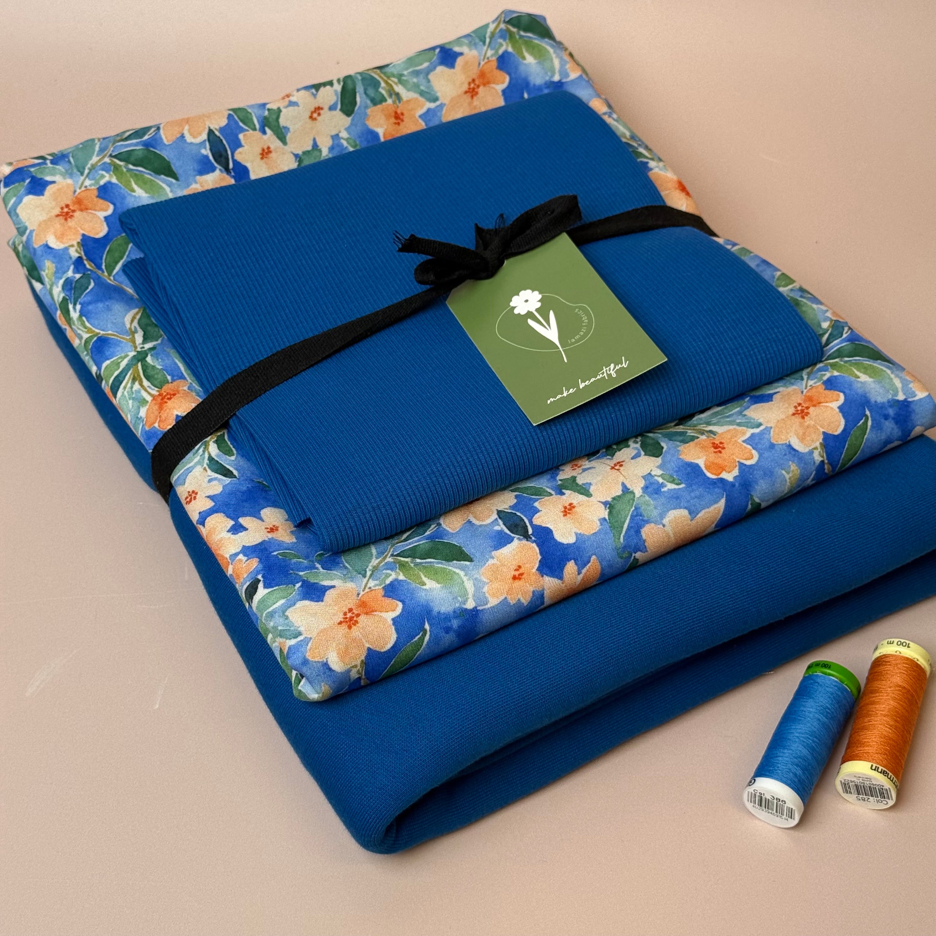 Make an Outfit Colour Bundle - Peach Flowers Viscose & Brushed Sweatshirt in Intense Blue with Ribbing