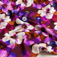 Purple Flowers on Burgundy Light Viscose Ponte Roma Fabric