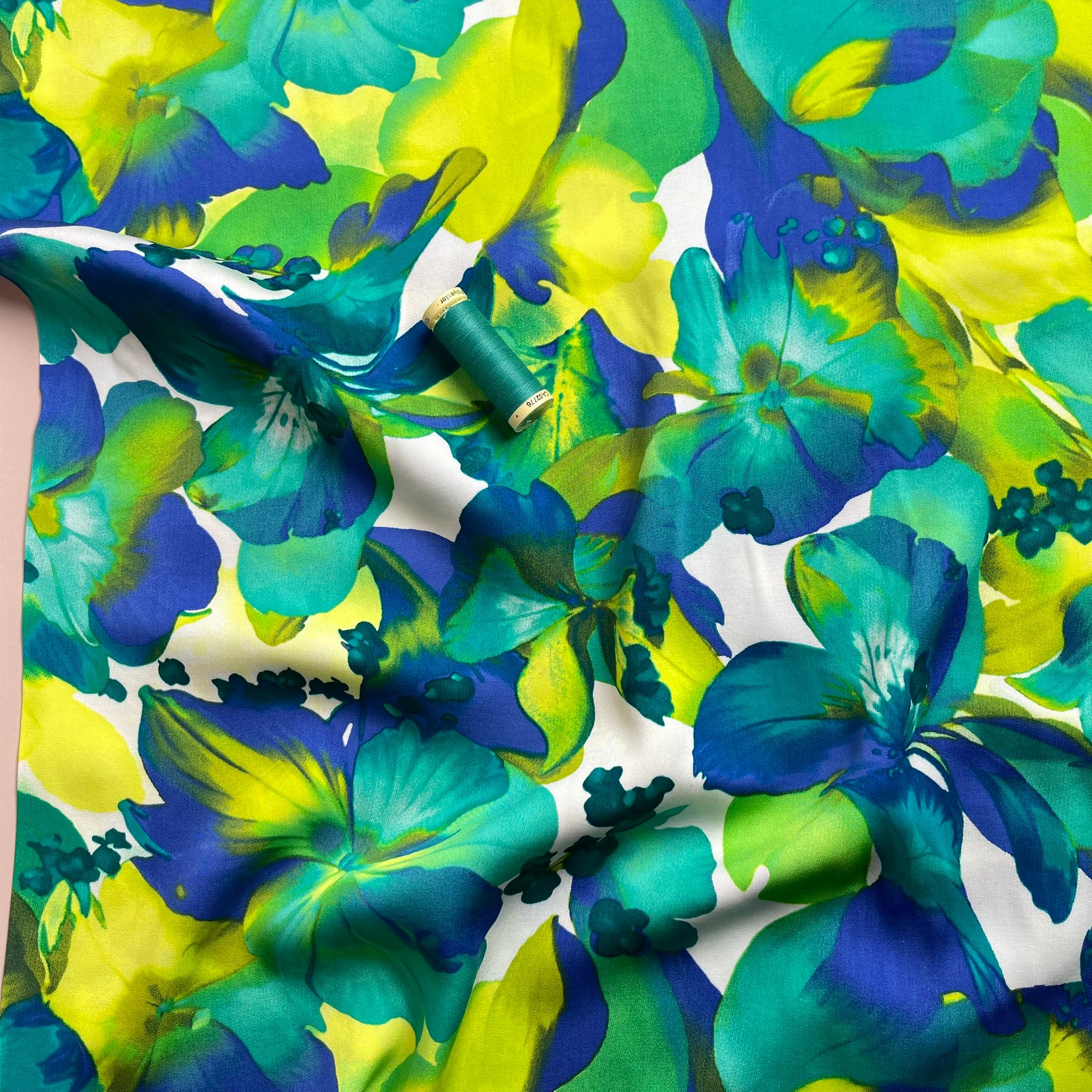 Vibrant Blooms in Cobalt and Lime Viscose Sateen Fabric