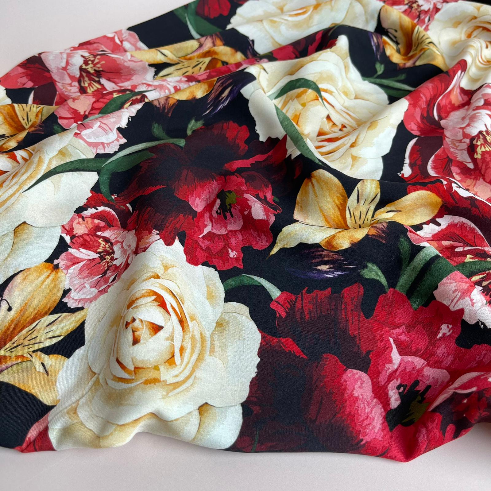 REMNANT 0.69 Metre - Romance Flowers on Black Viscose Fabric