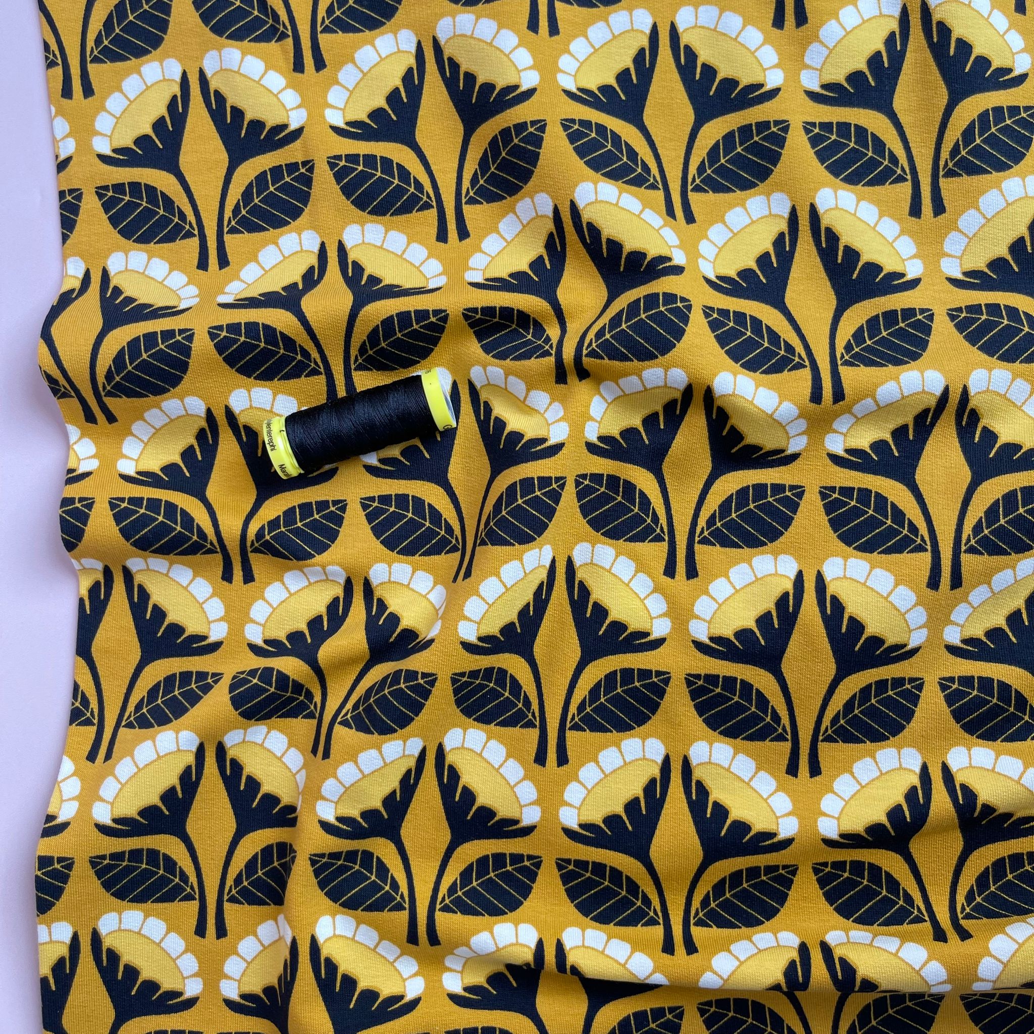 REMNANT 2.11 Metres - Monochrome Flowers on Yellow Cotton French Terry