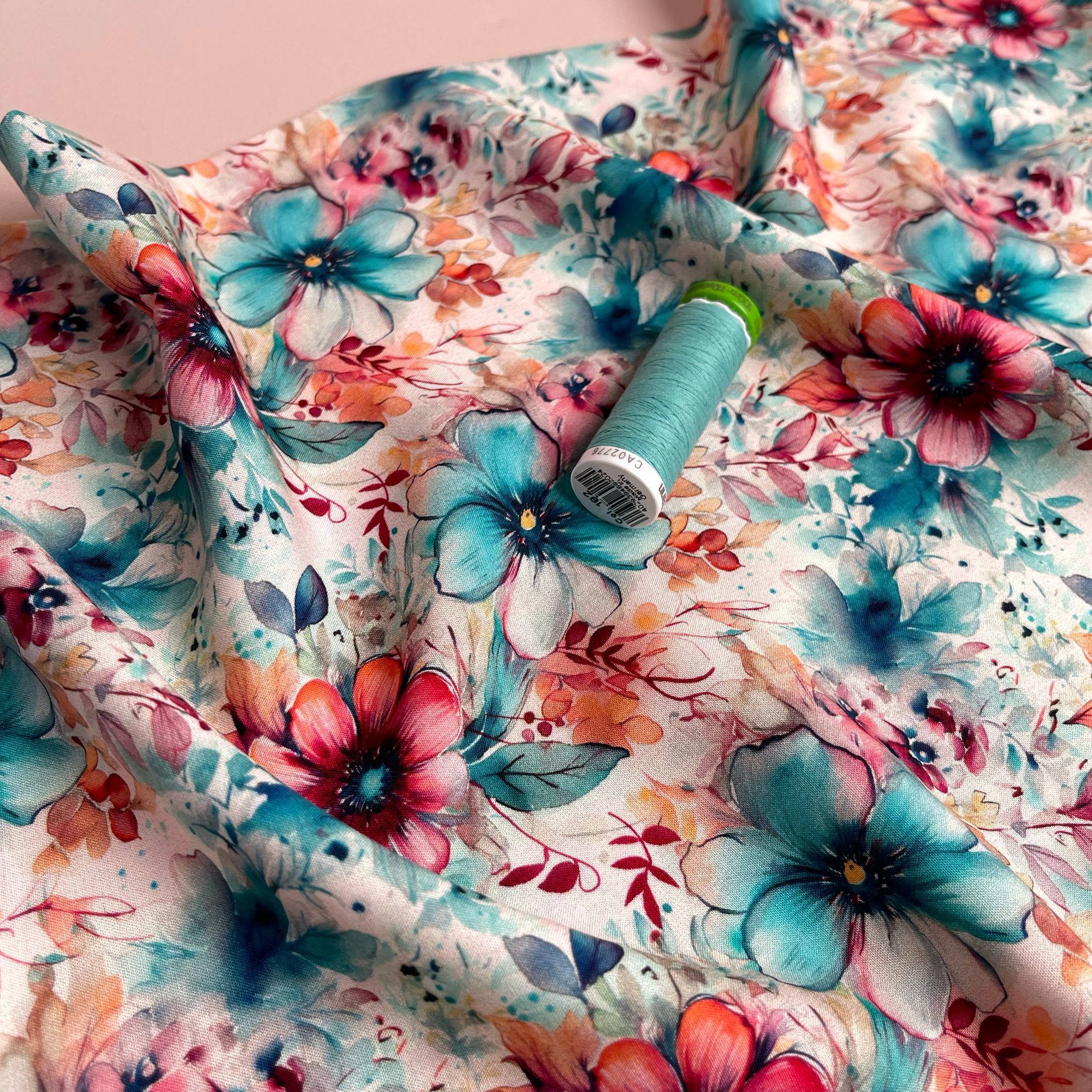 Watercolour Flowers in Turquoise and Pink Viscose Poplin Fabric