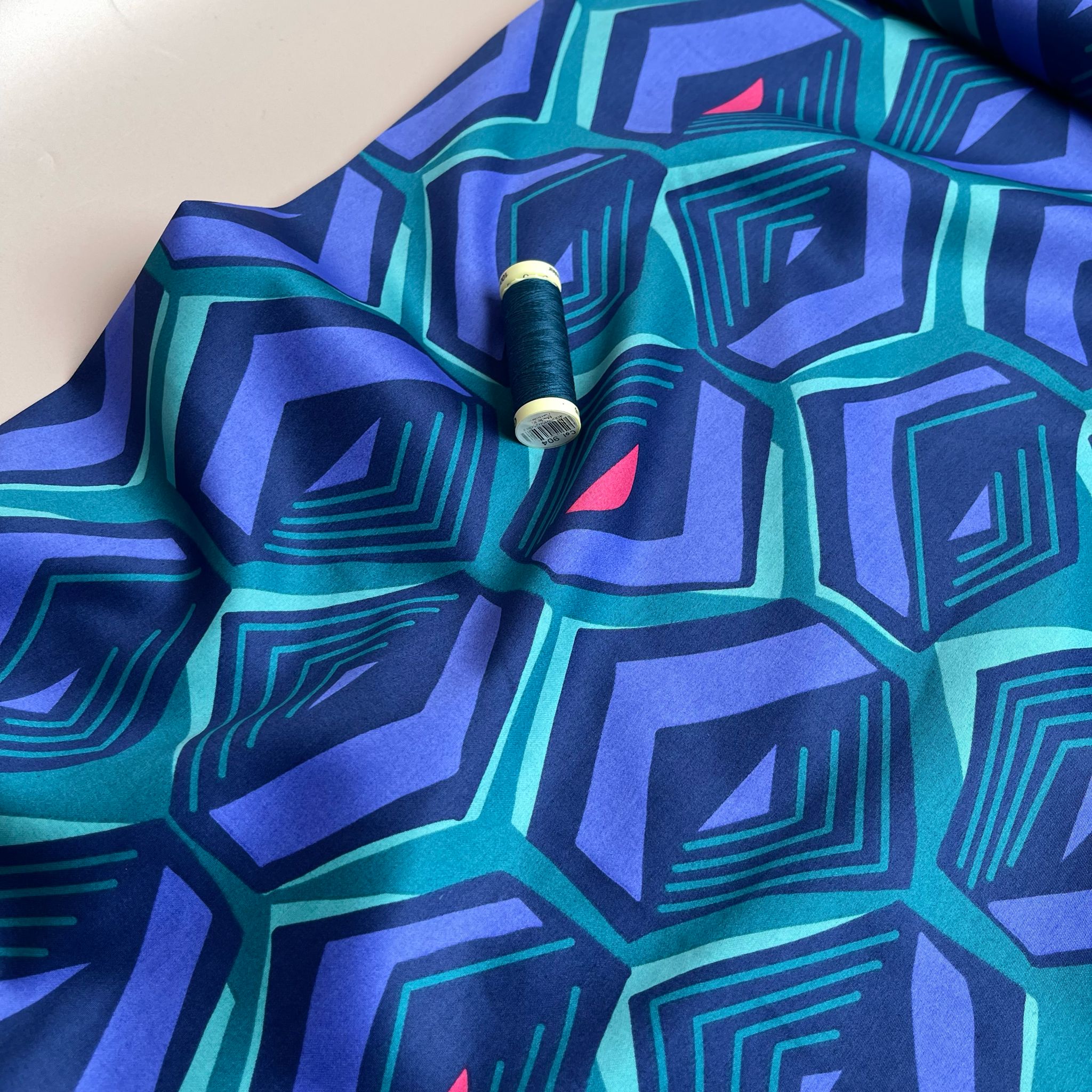 Geometric Teal Cotton Sateen Fabric