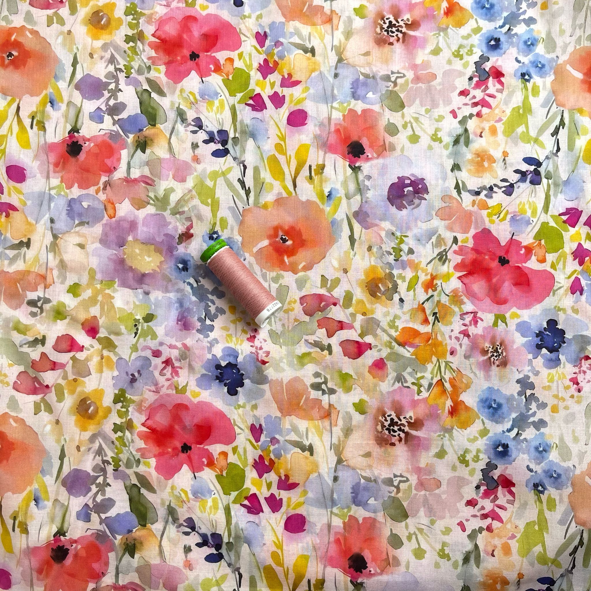 REMNANT 2.8 Metres - Watercolour Spring Meadow Cotton Voile Fabric