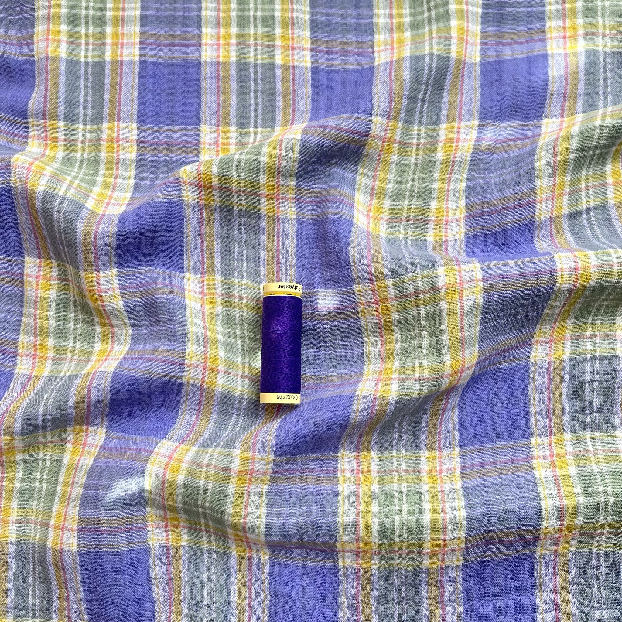 REMNANT 1.5 Metres - Reversible Purple Checked Cotton Double Gauze