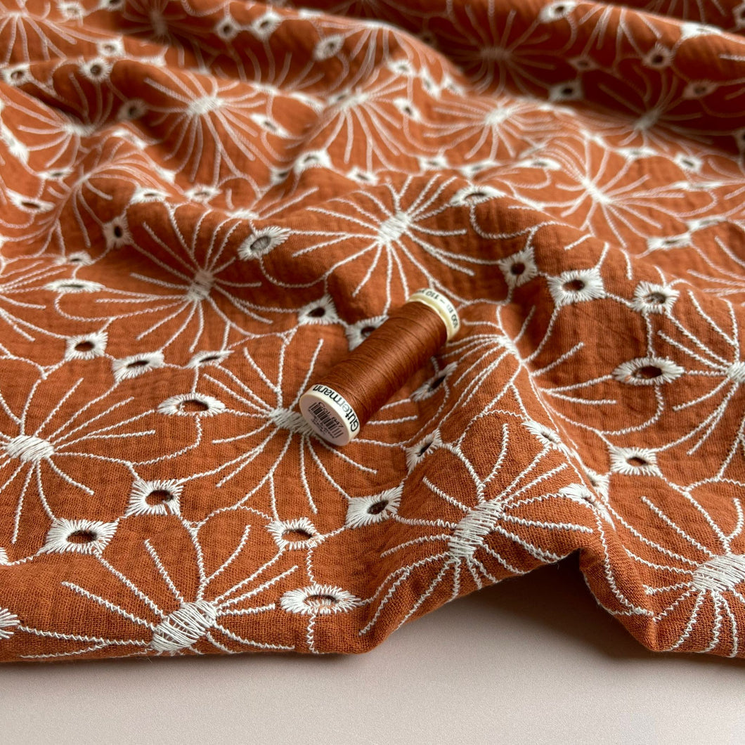 REMNANT 0.6 Metre - Embroidered Flowers on Rust Cotton Double Gauze