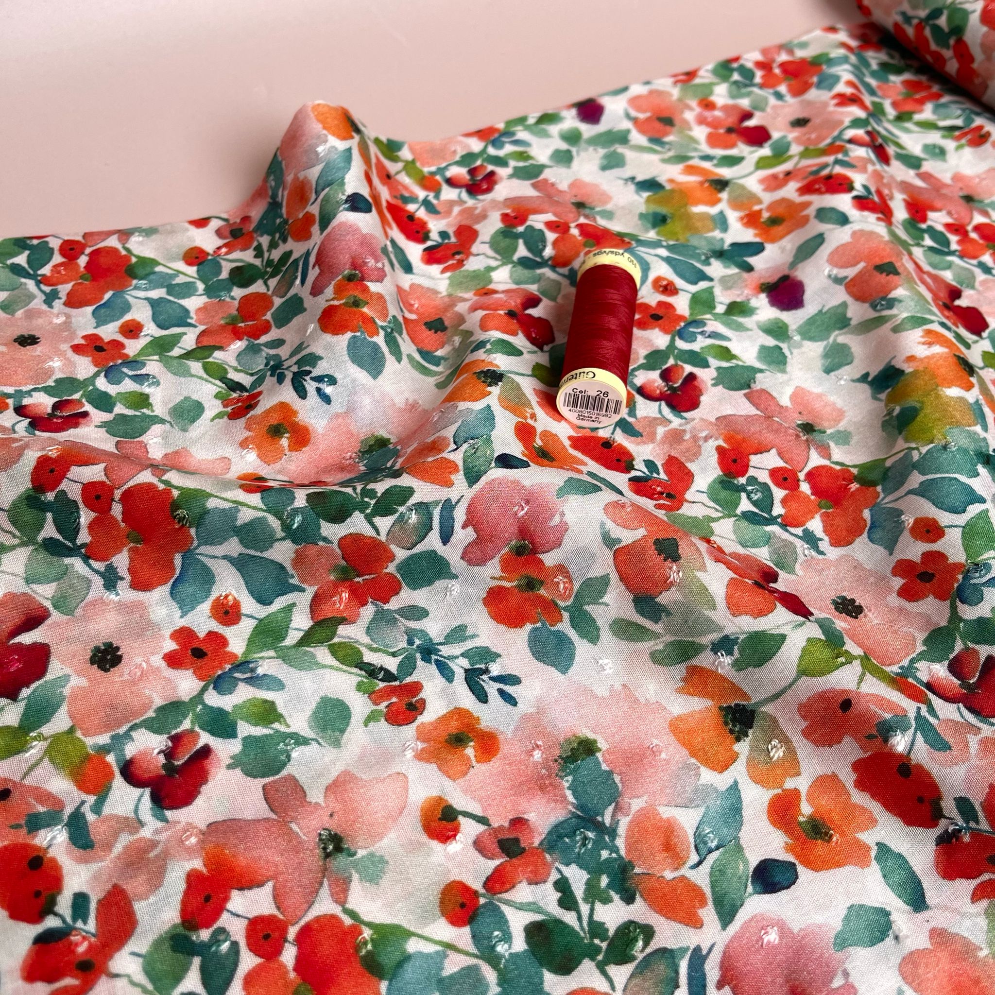 Poppy Field Blossoms on White Dobby Viscose Fabric