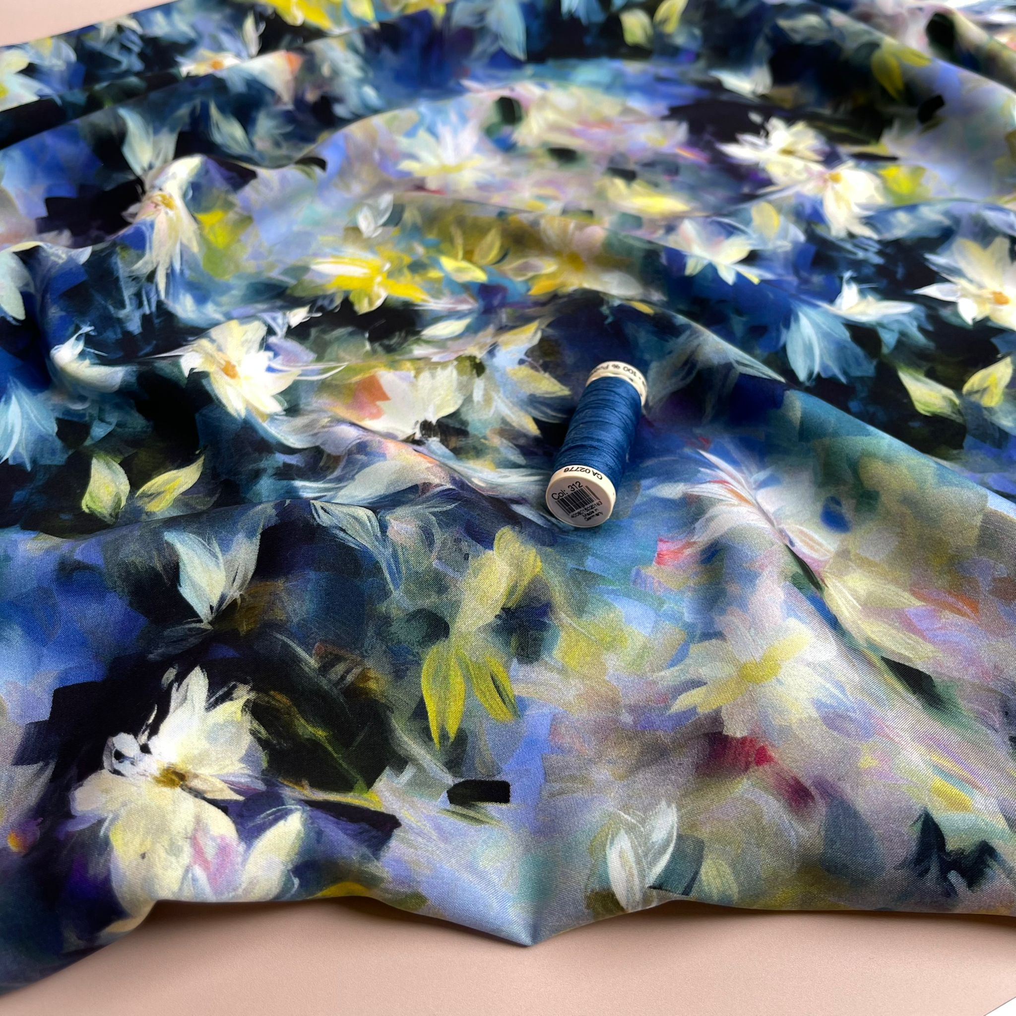 PRE-ORDER Watercolour Florals Cobalt Viscose Poplin Fabric (arriving by mid May)