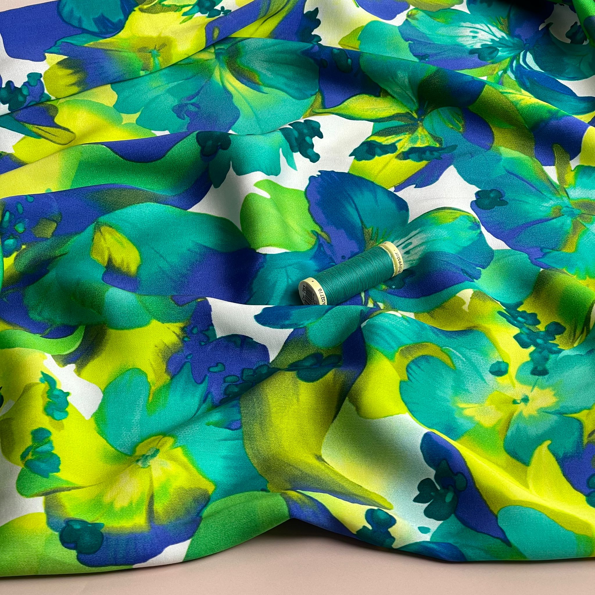 Vibrant Blooms in Cobalt and Lime Viscose Sateen Fabric