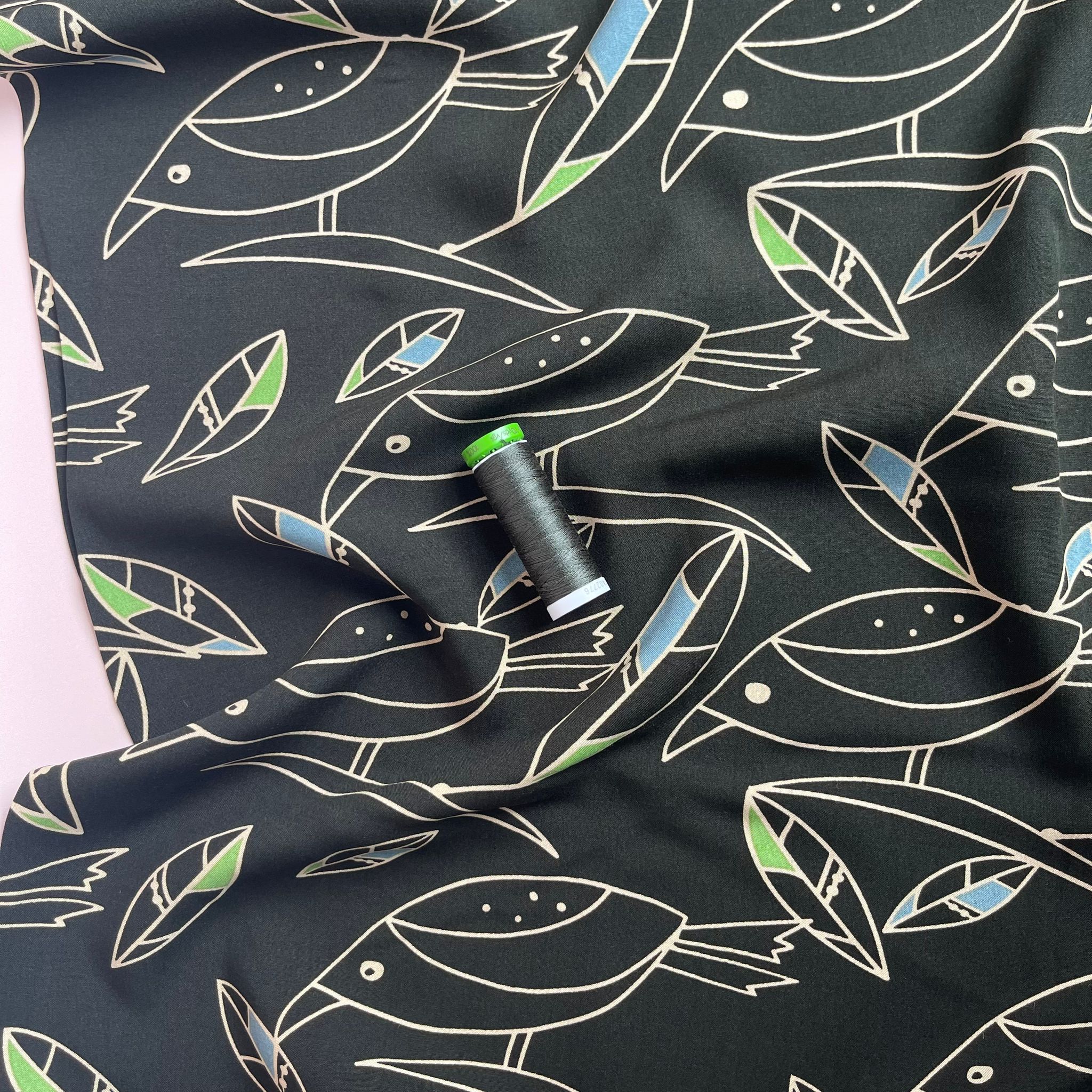 Graphic Birds Blue and Green on Dark Olive Green Viscose Poplin Fabric