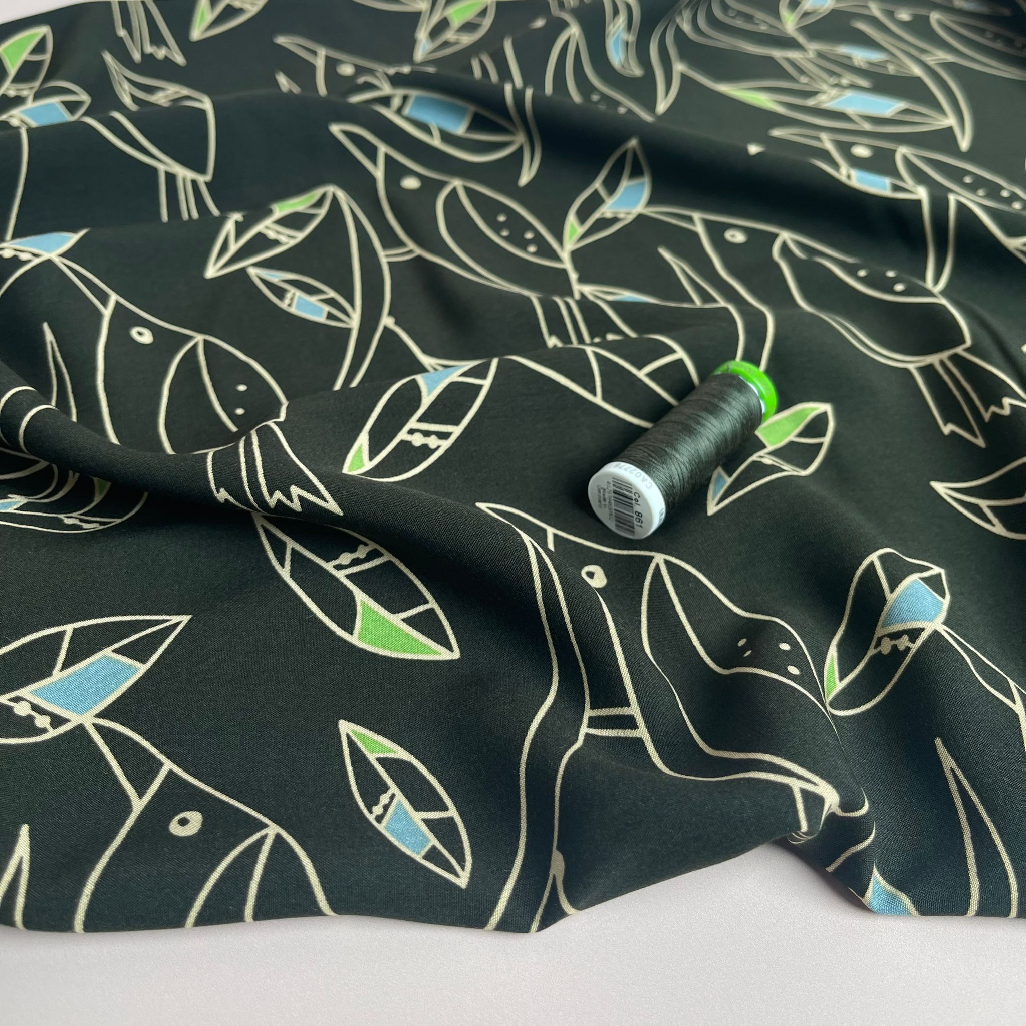 REMNANT 2 Metres - Graphic Birds Blue and Green on Dark Olive Green Viscose Poplin Fabric