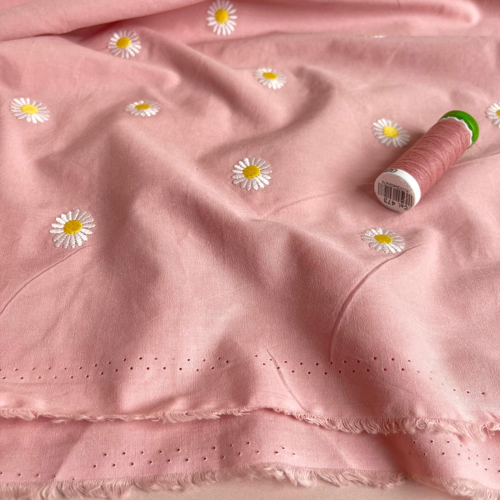 Embroidered Daisies on Pink Cotton Poplin