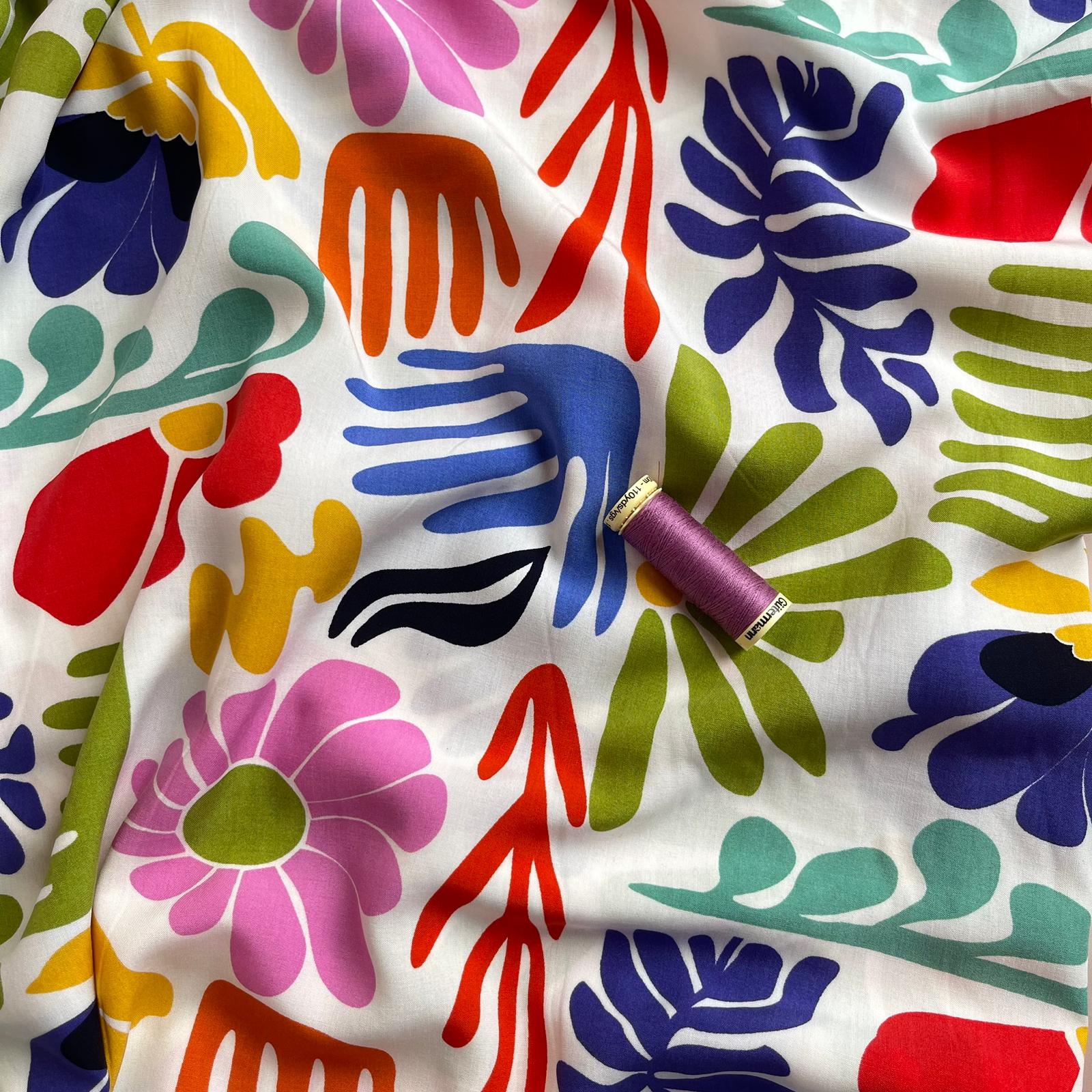 REMNANT 1.20 metres - Bright Rainbow Vacation Flowers Viscose Poplin Fabric