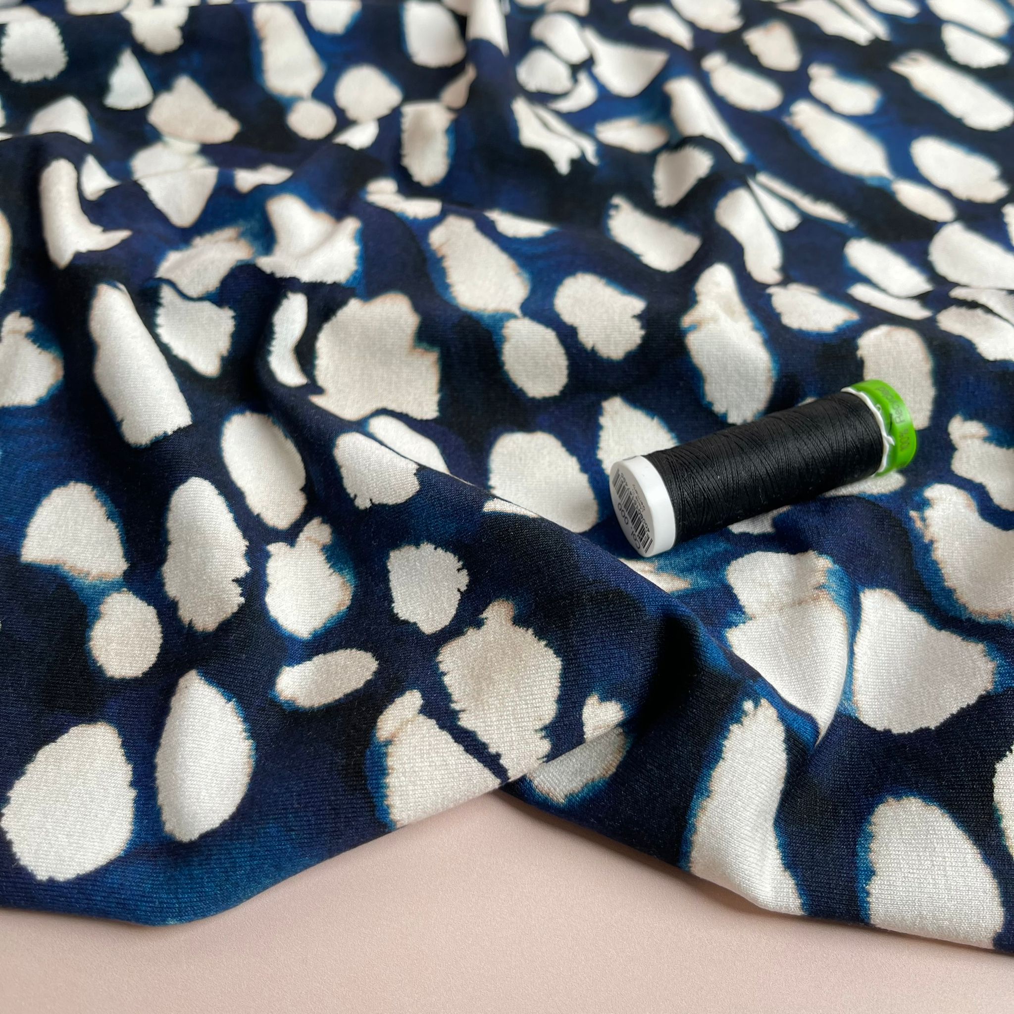 REMNANT 0.56 Metres - Ex-Designer Deadstock Fuzzy Raindrops on Navy Blue Viscose Jersey Fabric