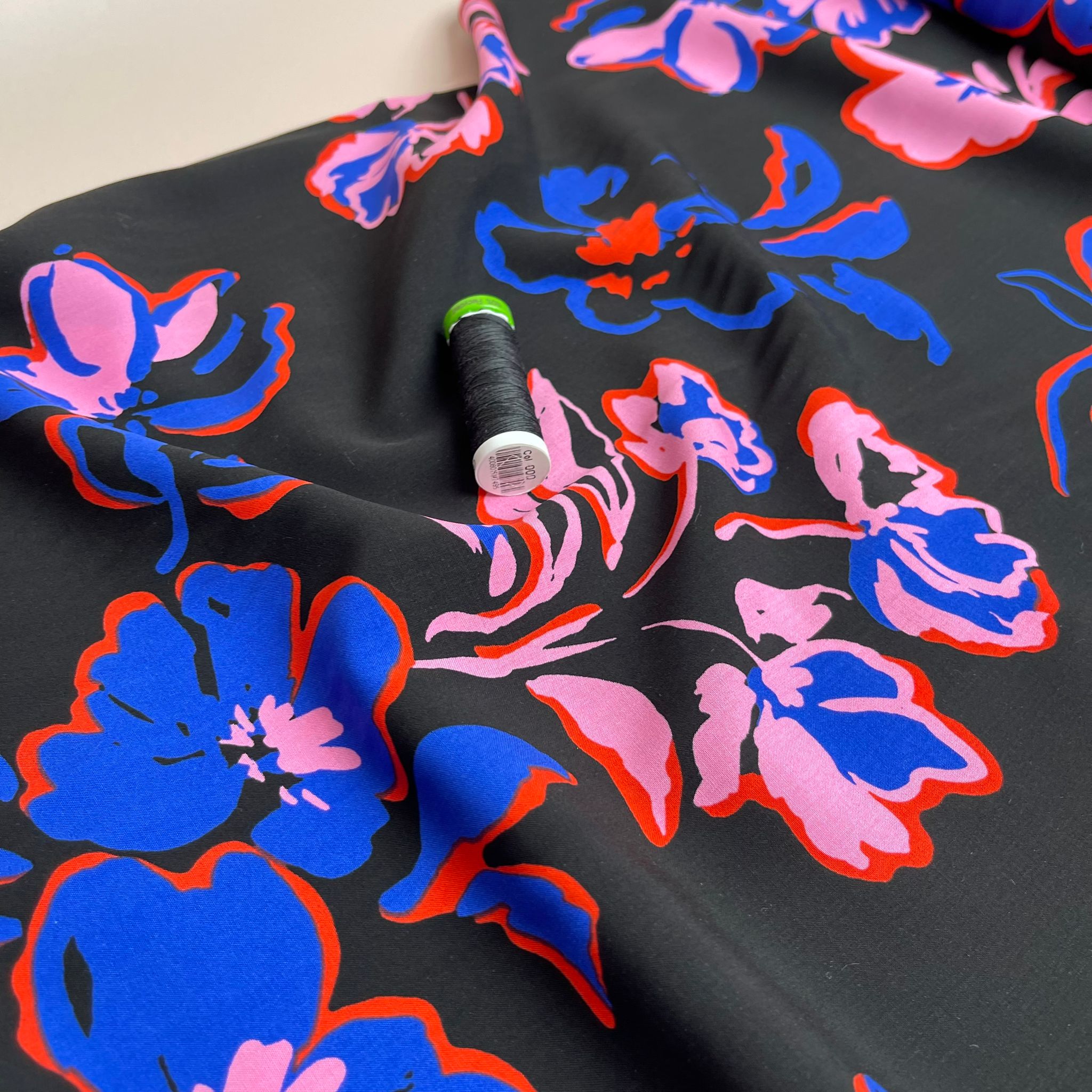 Painted Blooms on Black LENZING™ ECOVERO™ Viscose Fabric