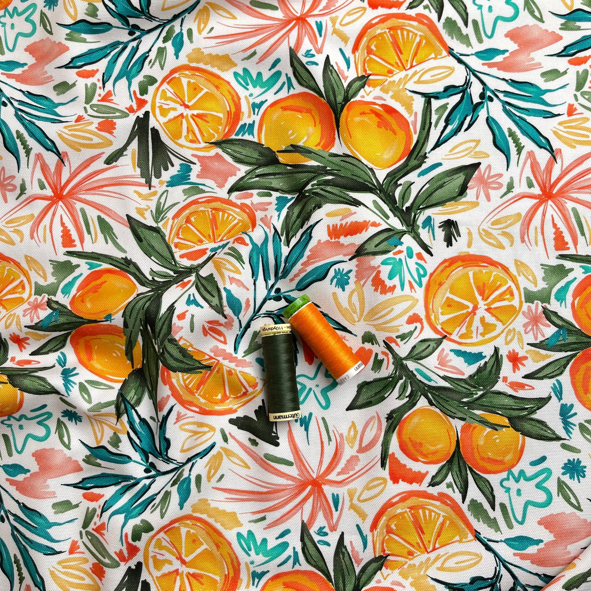 Orange Grove on White Cotton Canvas Fabric