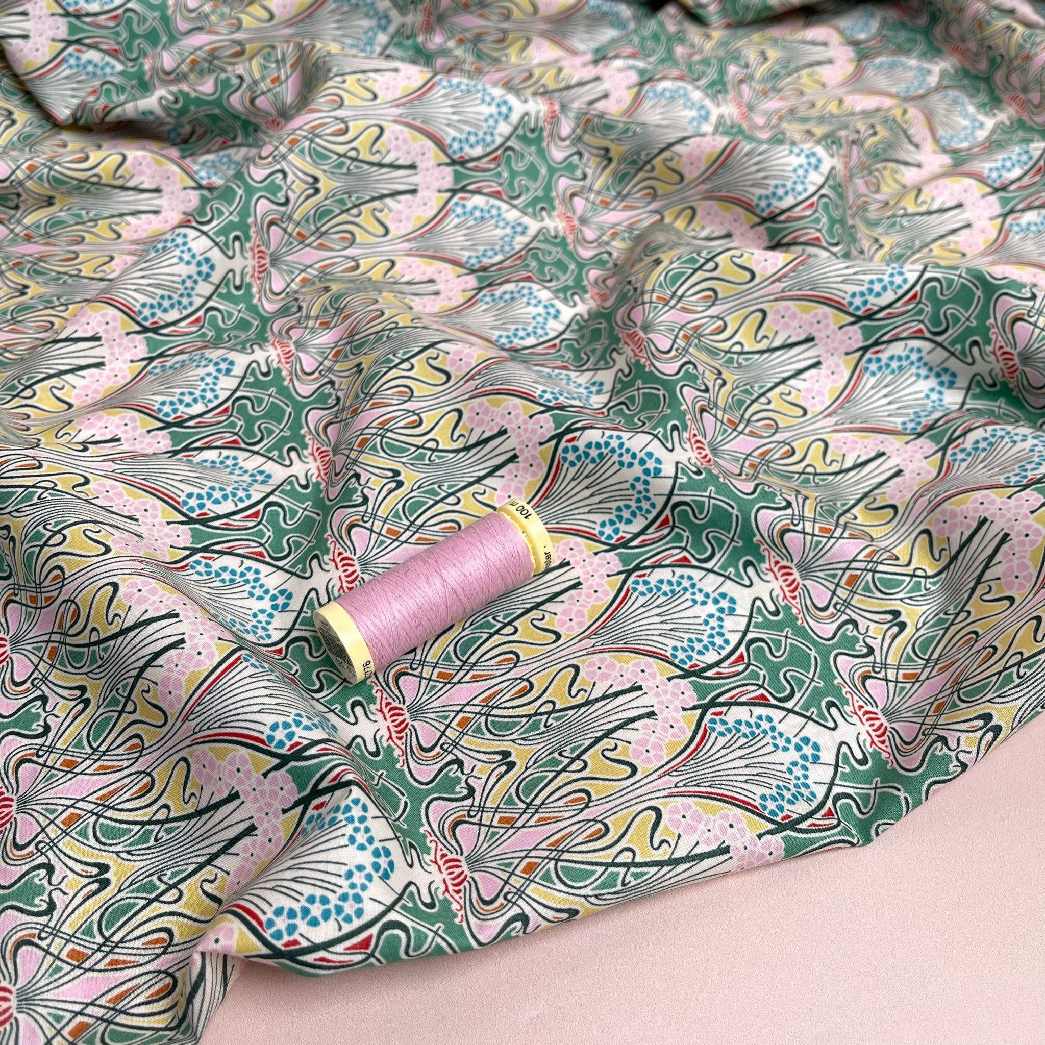 Deco Green and Pink Cotton Lawn Fabric