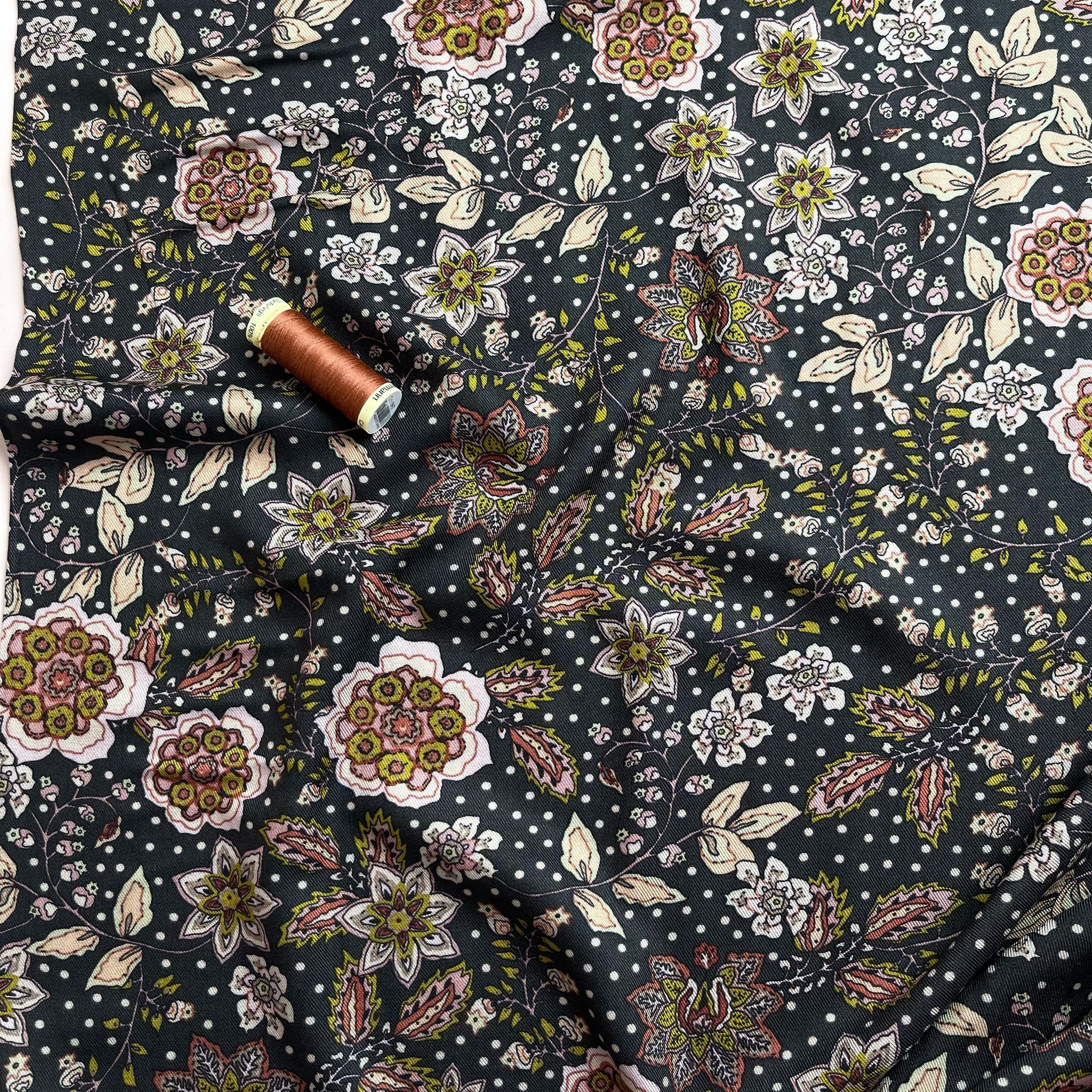 Autumn Paisley Flowers on Black Viscose Twill Fabric