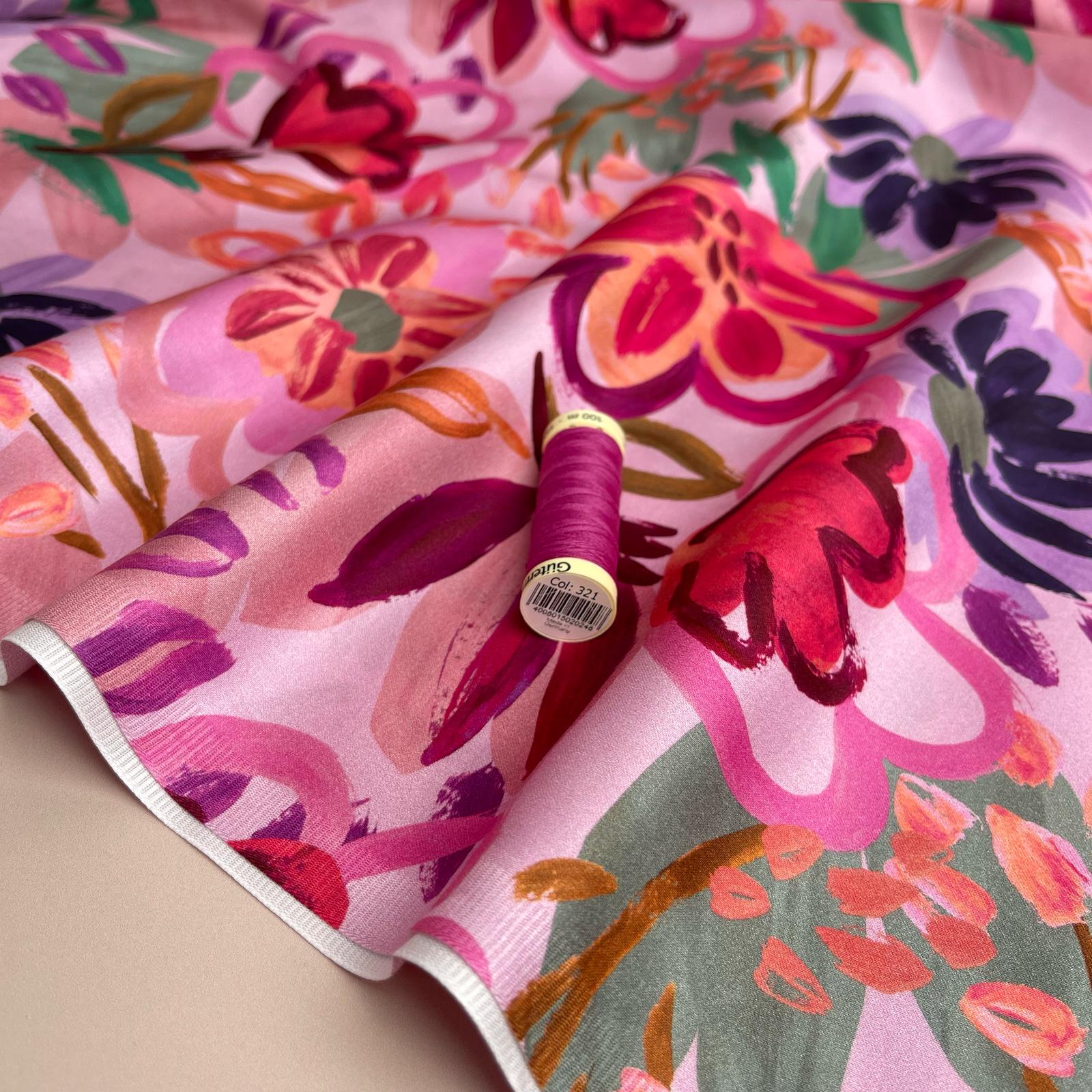 Painted Spring Garden on Pink Cotton Sateen Fabric